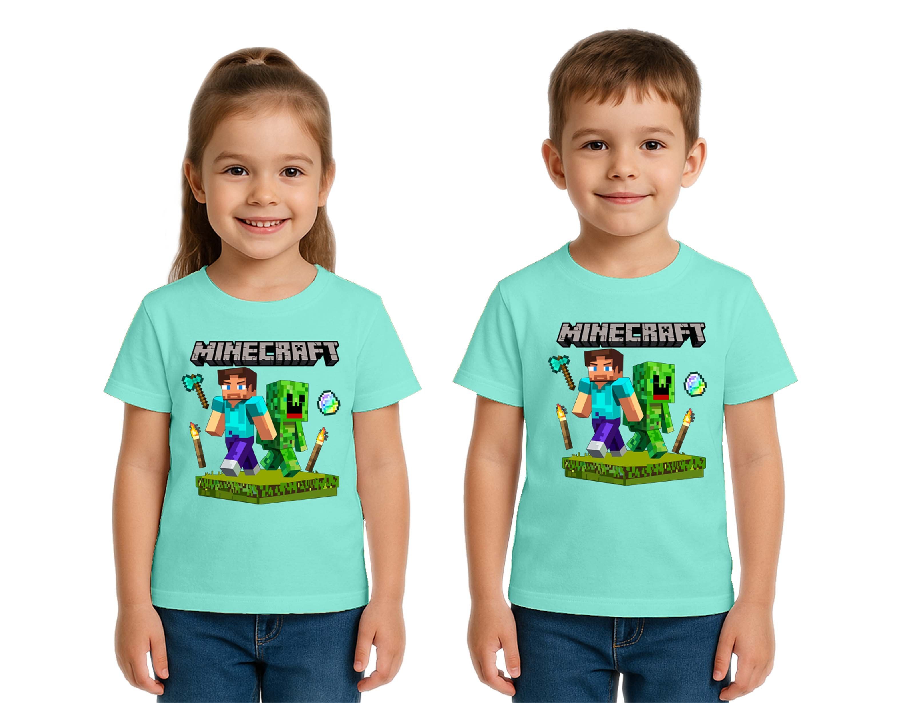 Unisex Mınecraft baskılı Çocuk Tişört pamuklu penye kumaş