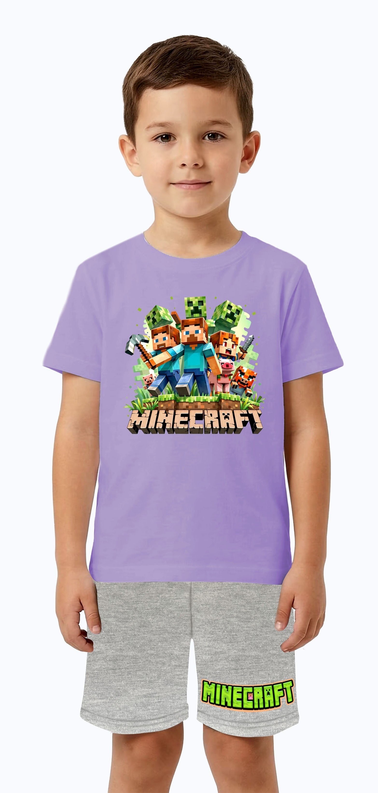 Unisex Mınecraft baskılı Çocuk Tişört gri Şortlu Takım pamuklu penye kumaş