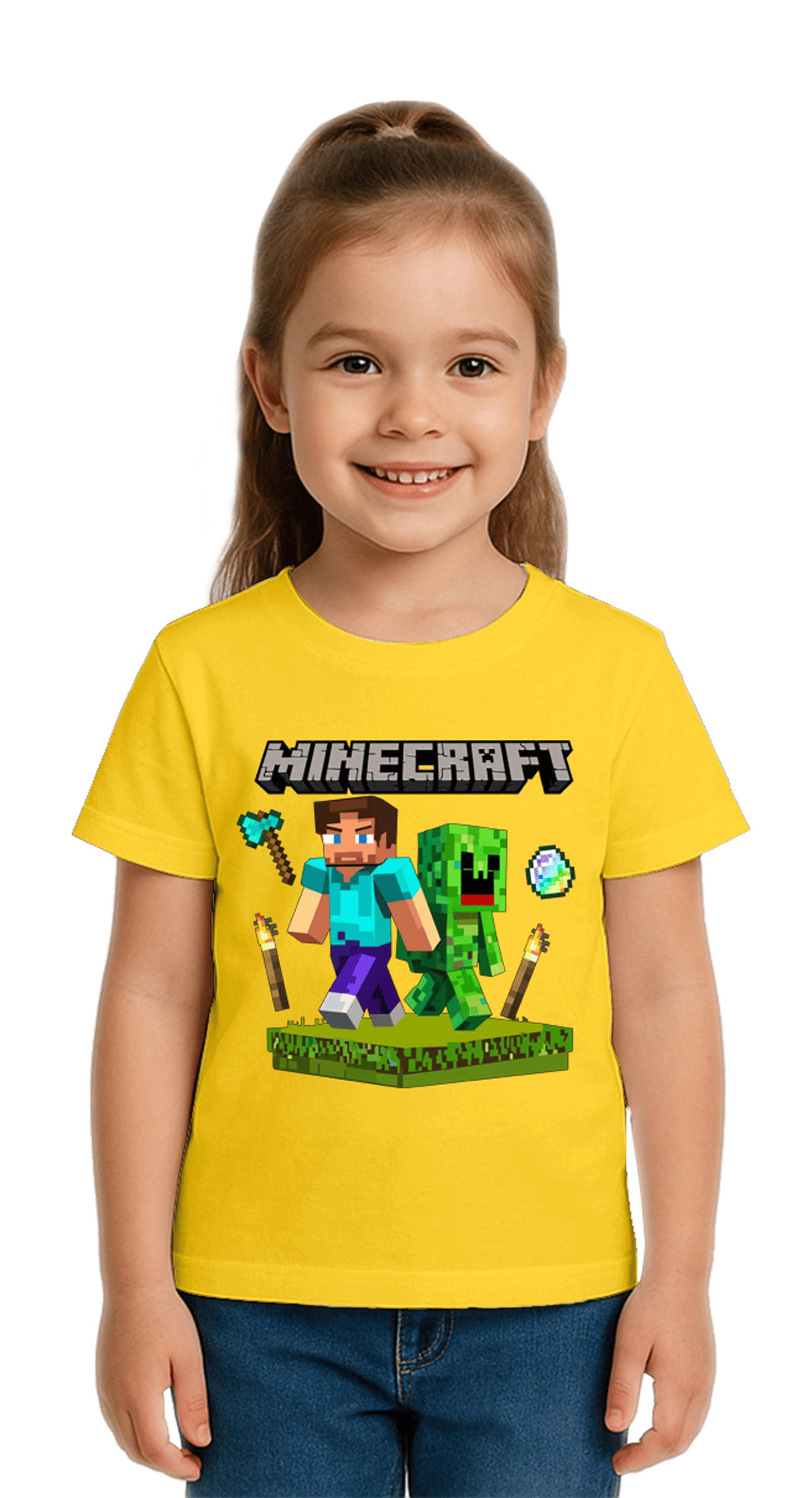Unisex Mınecraft baskılı Çocuk Tişört pamuklu penye kumaş