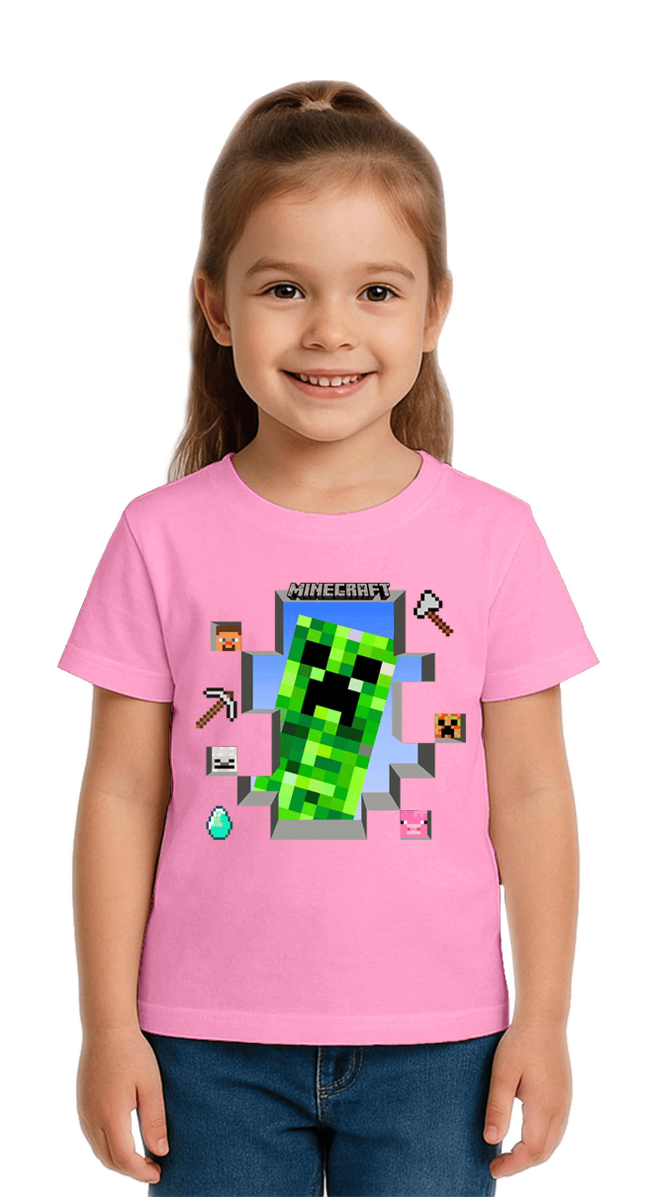 Unisex Mınecraft baskılı Çocuk Tişört pamuklu penye kumaş