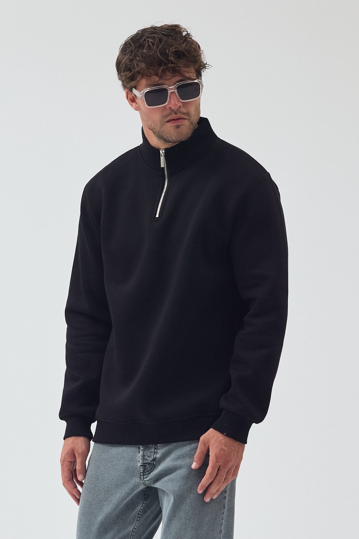 Unisex Oversize Pamuklu Içi Polarlı Yarım Fermuarlı  Dik Yaka Sweatshirt