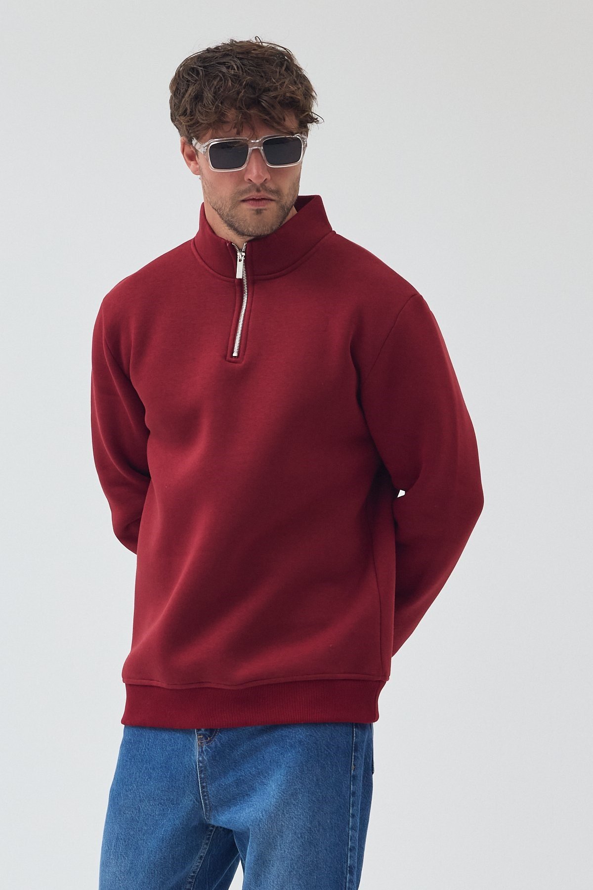 Unisex Oversize Pamuklu Içi Polarlı Yarım Fermuarlı  Dik Yaka Sweatshirt
