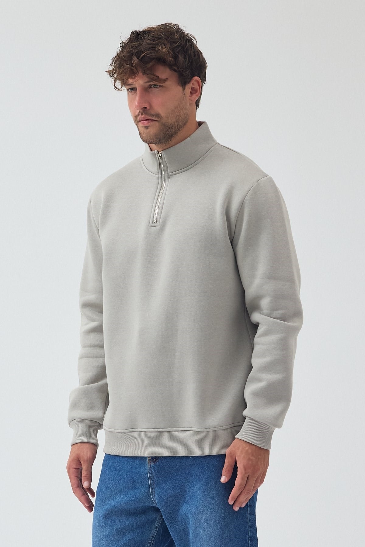 Unisex Oversize Pamuklu Içi Polarlı Yarım Fermuarlı  Dik Yaka Sweatshirt