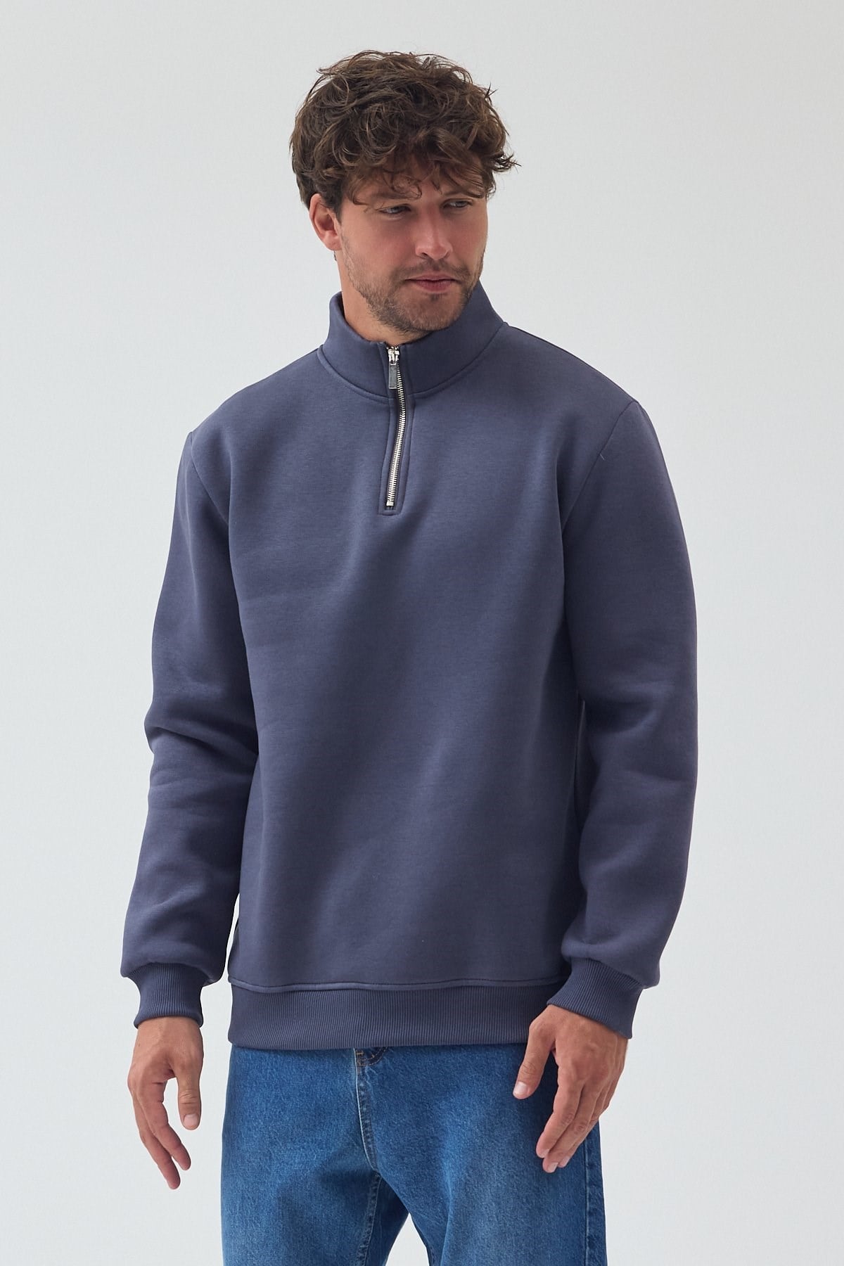 Unisex Oversize Pamuklu Içi Polarlı Yarım Fermuarlı  Dik Yaka Sweatshirt