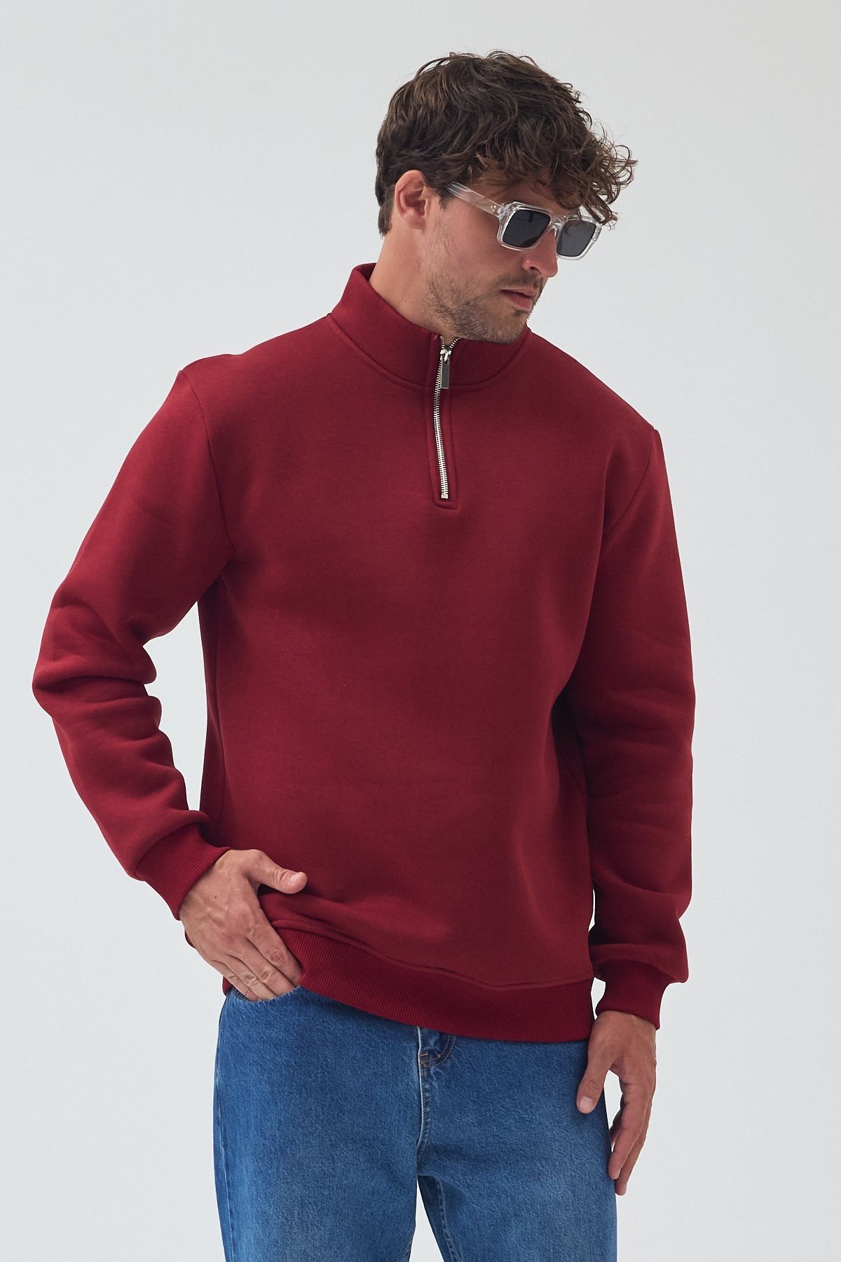 Unisex Oversize Pamuklu Içi Polarlı Yarım Fermuarlı  Dik Yaka Sweatshirt