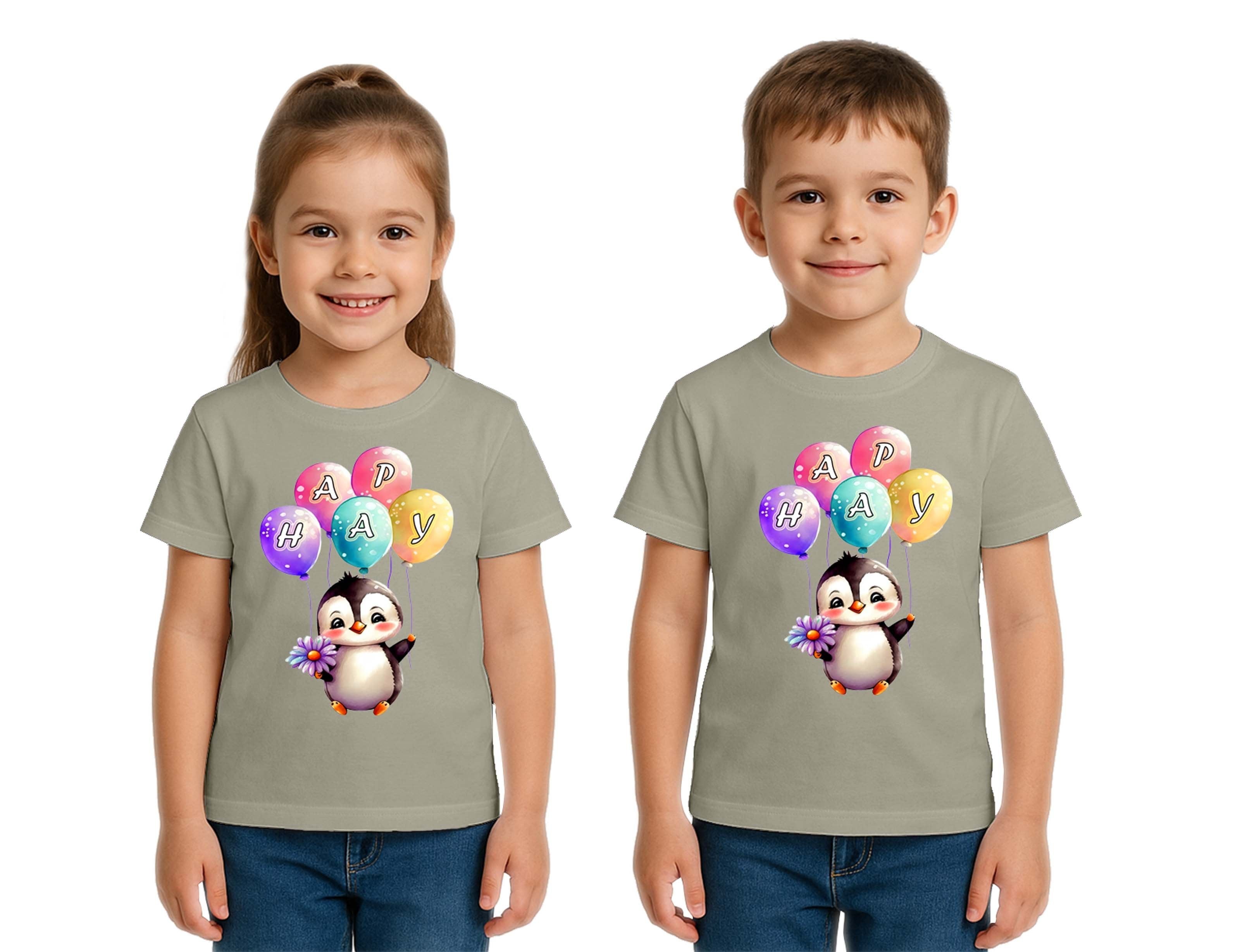 Unisex Penguen Penguin Baskılı Çocuk Tişört pamuklu penye kumaş