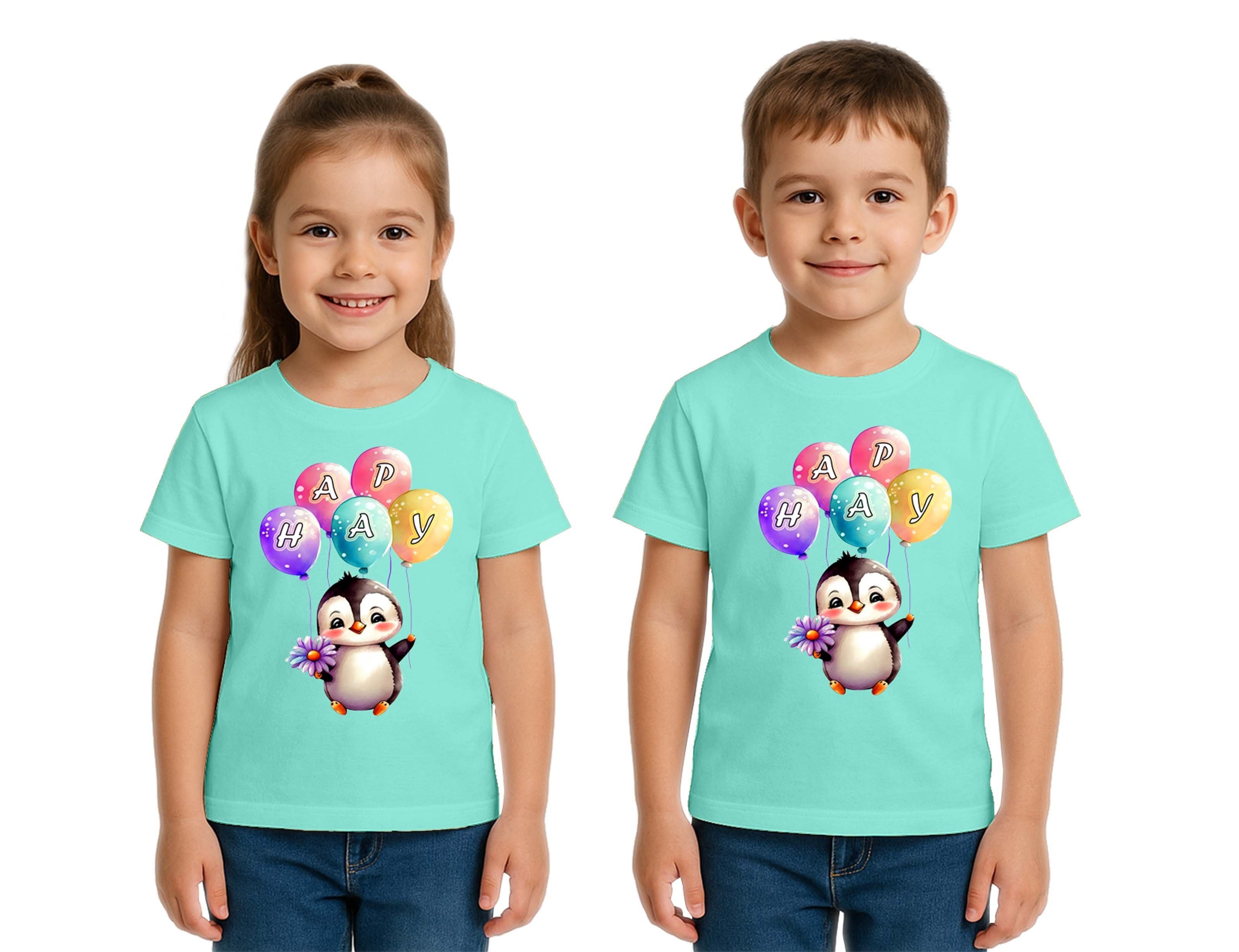 Unisex Penguen Penguin Baskılı Çocuk Tişört pamuklu penye kumaş