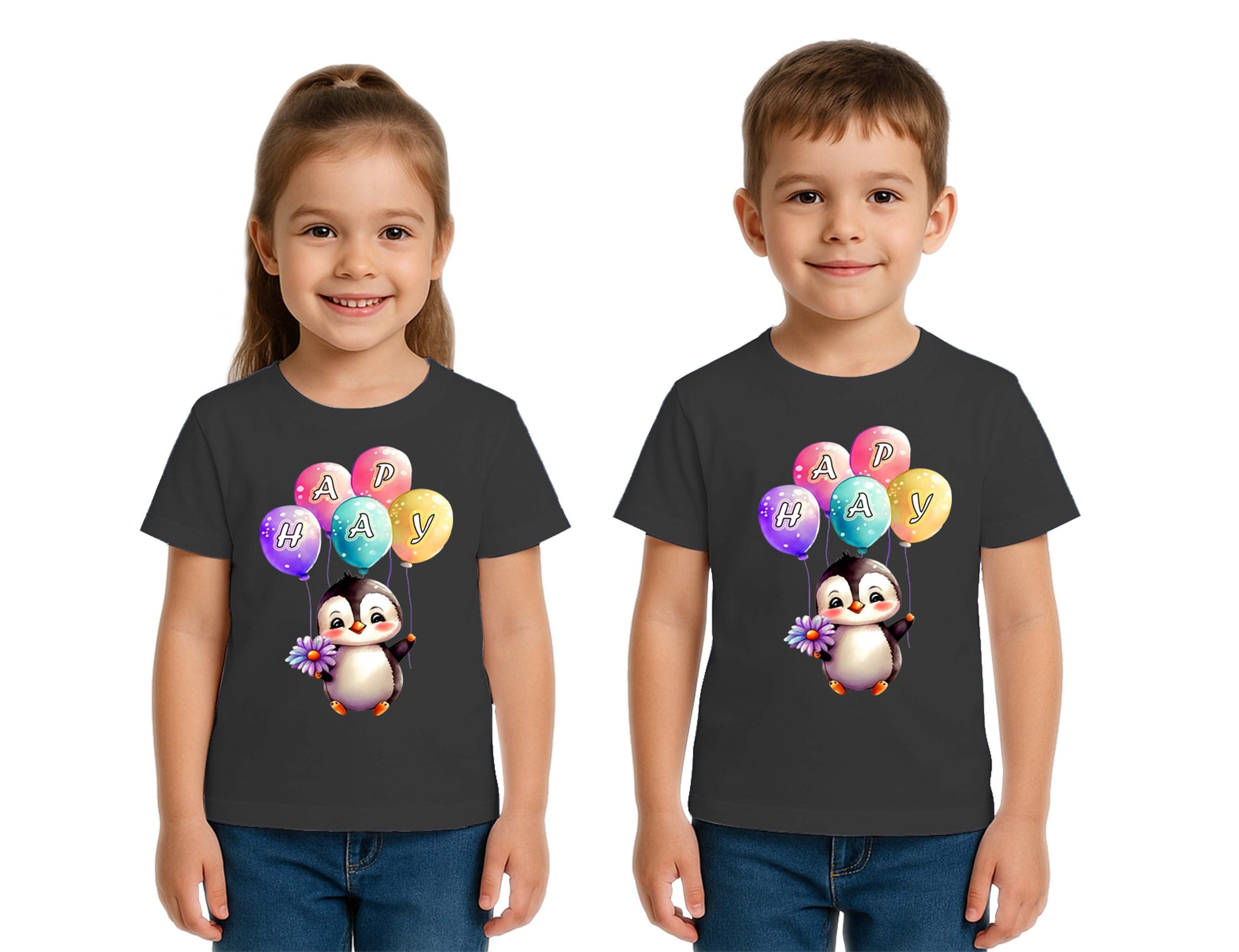 Unisex Penguen Penguin Baskılı Çocuk Tişört pamuklu penye kumaş