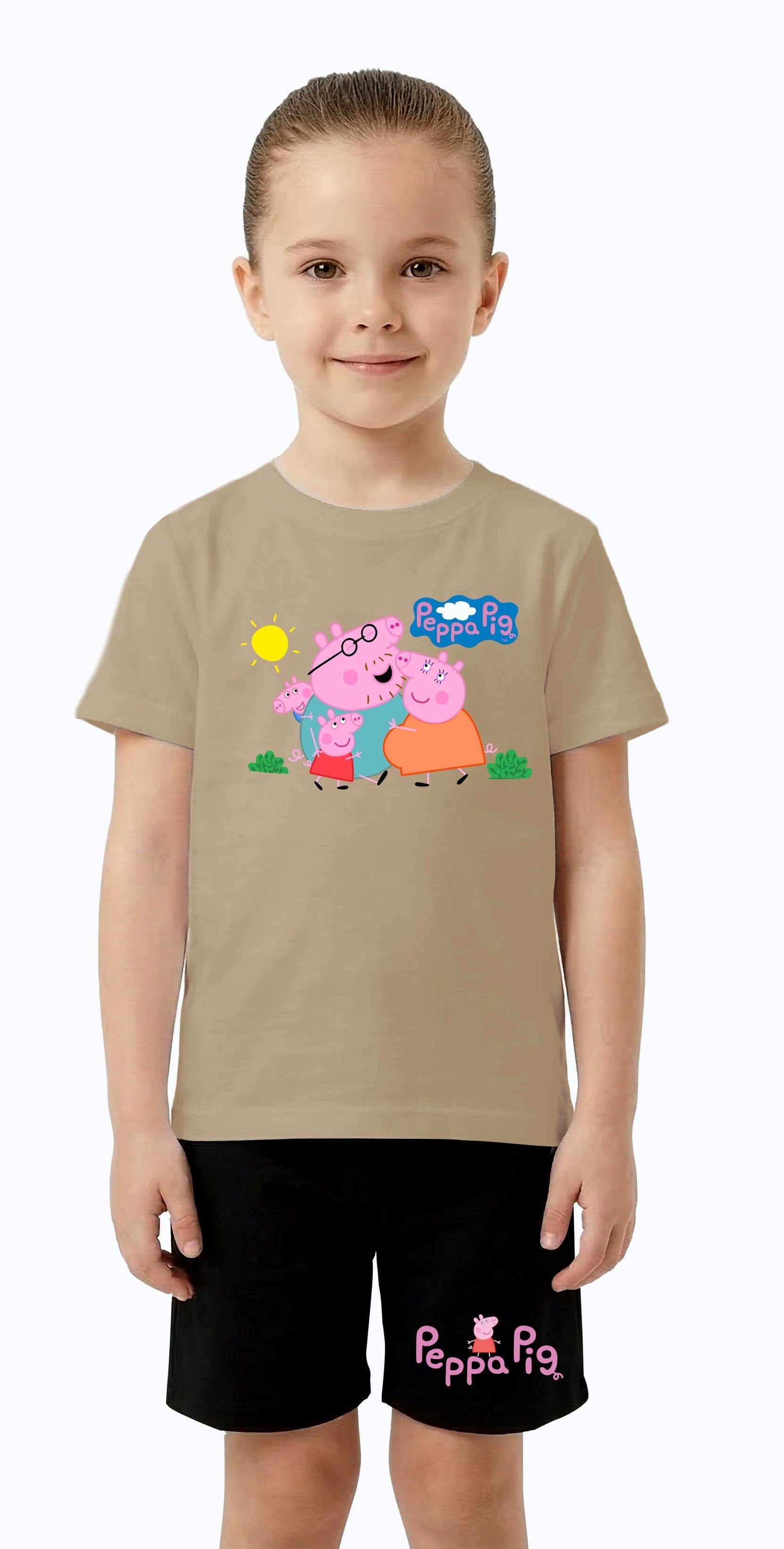 Unisex Peppa Pig baskılı Çocuk Tişört Siyah Şortlu Takım pamuklu penye kumaş