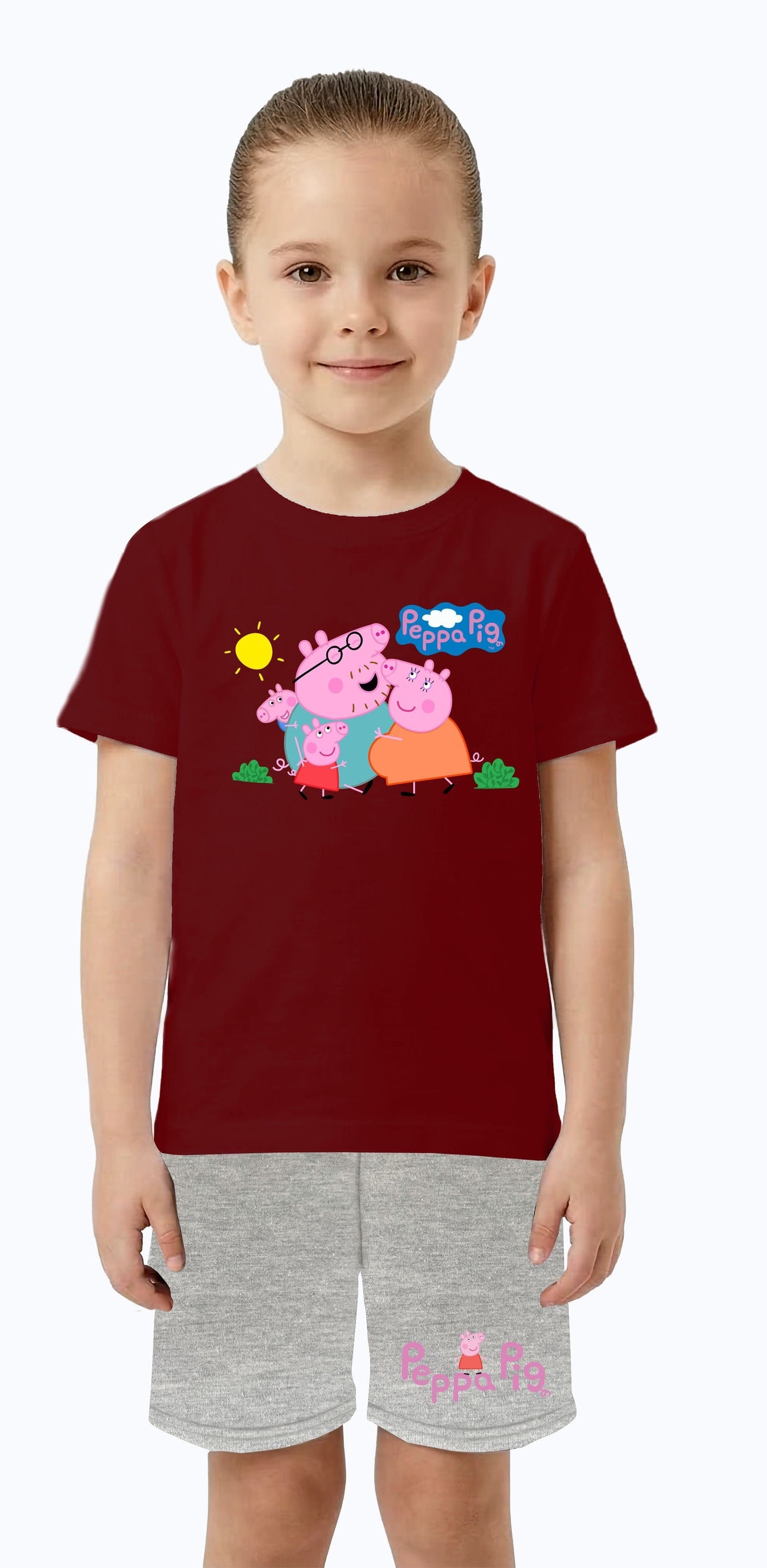 Unisex Peppa Pig baskılı Çocuk Tişört gri Şortlu Takım pamuklu penye kumaş