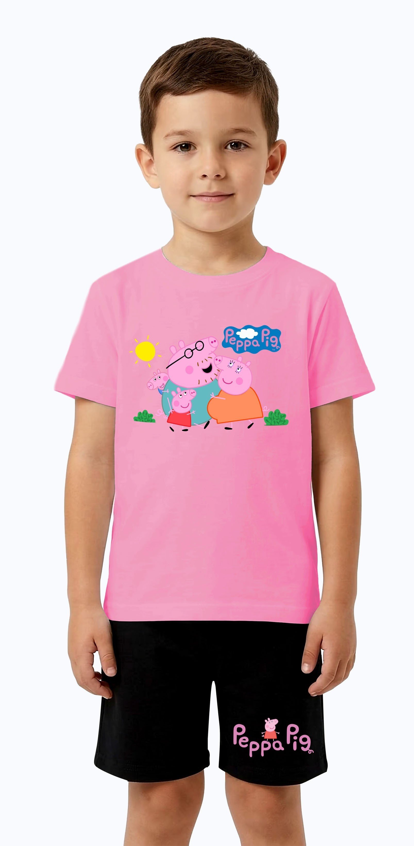 Unisex Peppa Pig baskılı Çocuk Tişört Siyah Şortlu Takım pamuklu penye kumaş