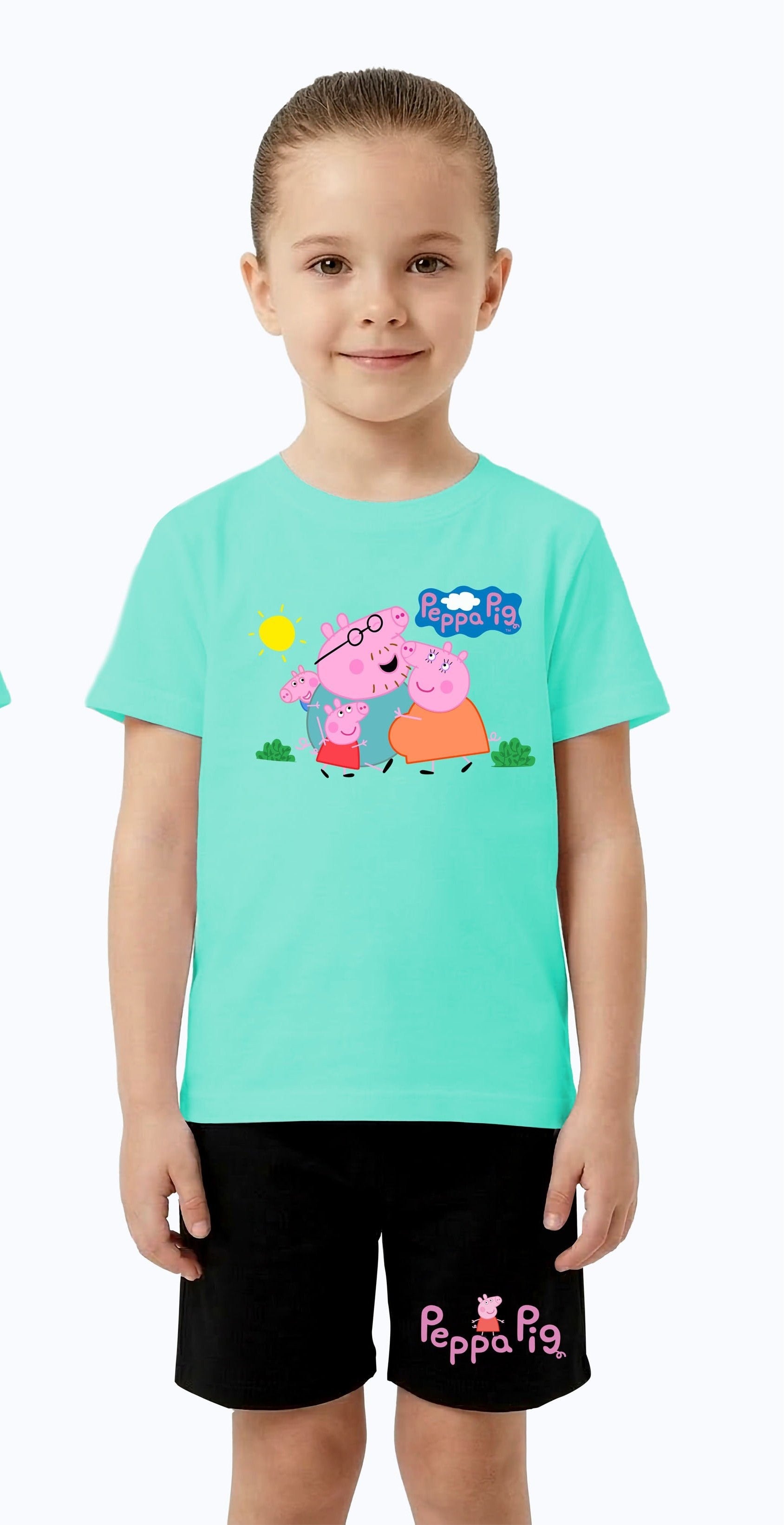 Unisex Peppa Pig baskılı Çocuk Tişört Siyah Şortlu Takım pamuklu penye kumaş