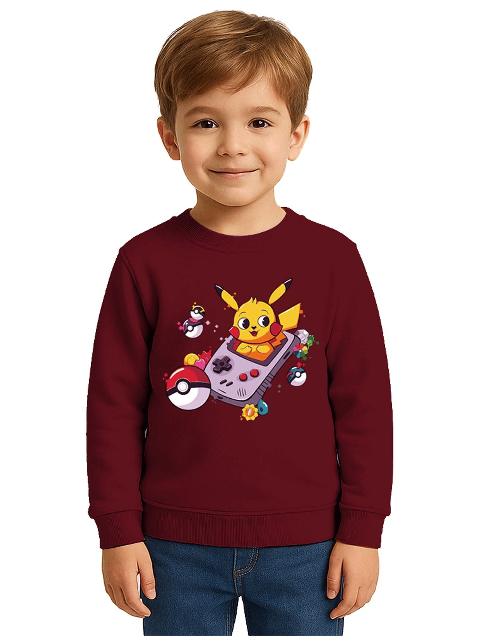 Unisex Pikaçu Baskılı Çocuk Swaetshirt 3 İplik Şardonlu
