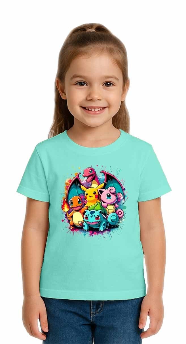Unisex Pokemon Baskılı Çocuk Tişört pamuklu penye kumaş