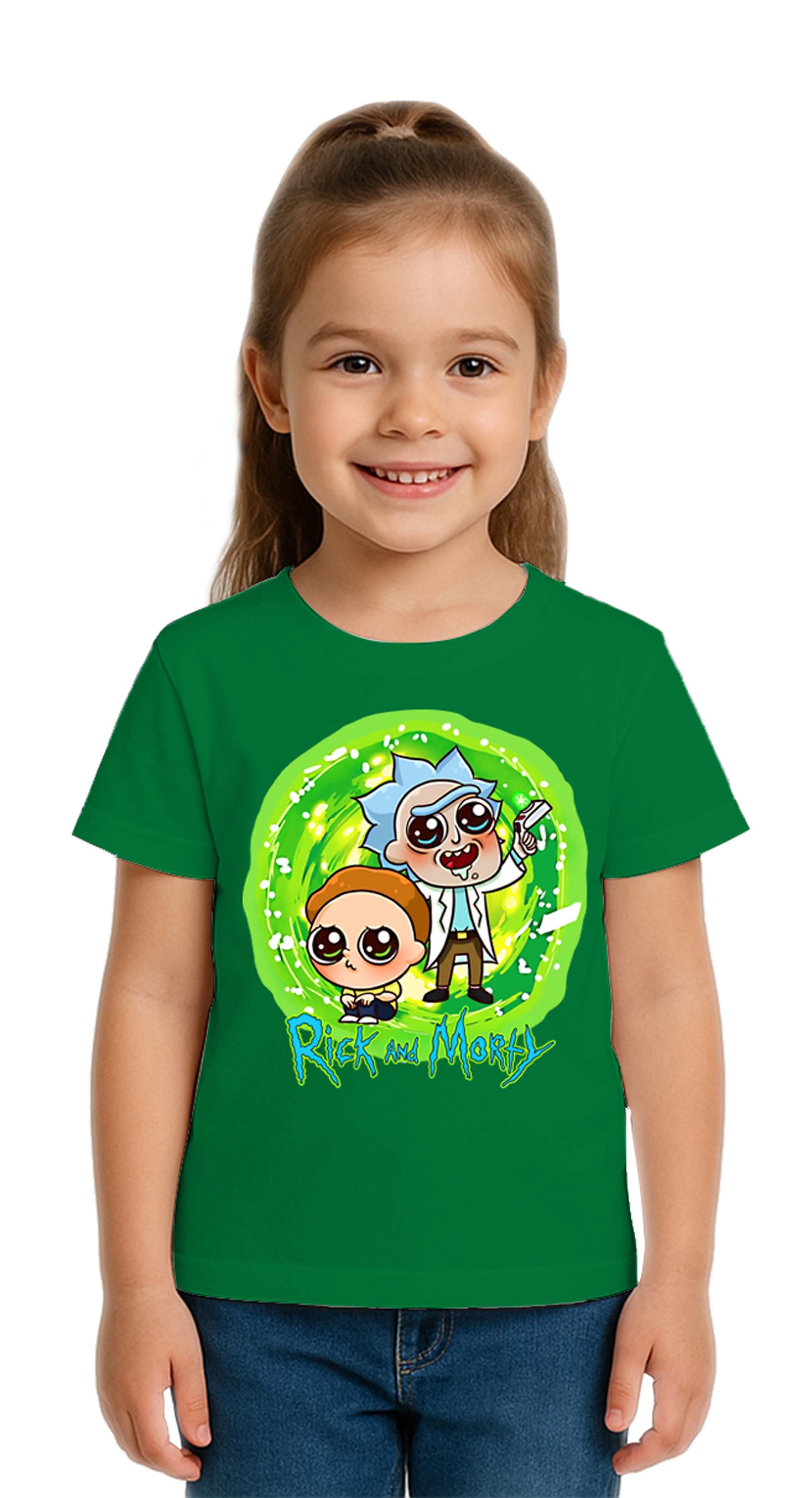 Unisex Rick and Morty baskılı Çocuk Tişört pamuklu penye kumaş