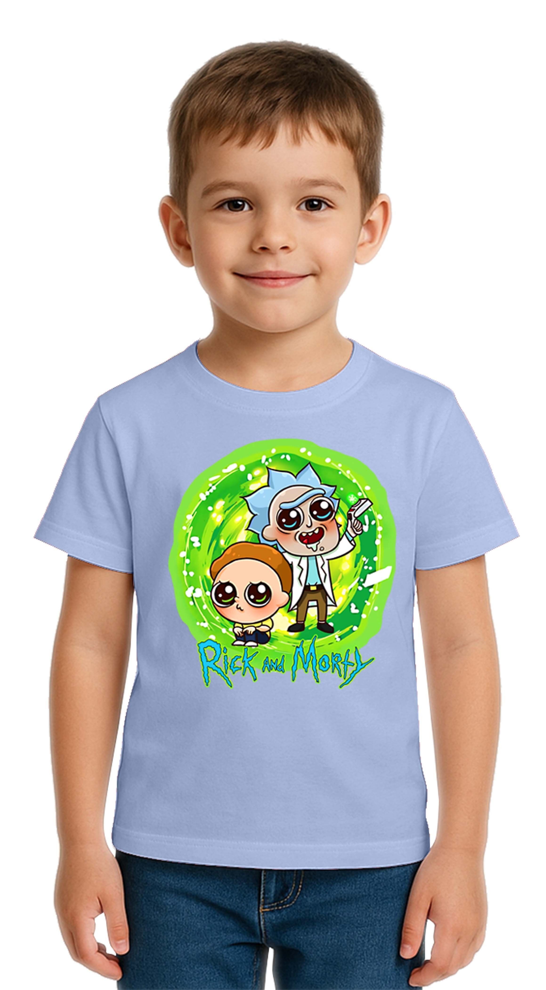 Unisex Rick and Morty baskılı Çocuk Tişört pamuklu penye kumaş