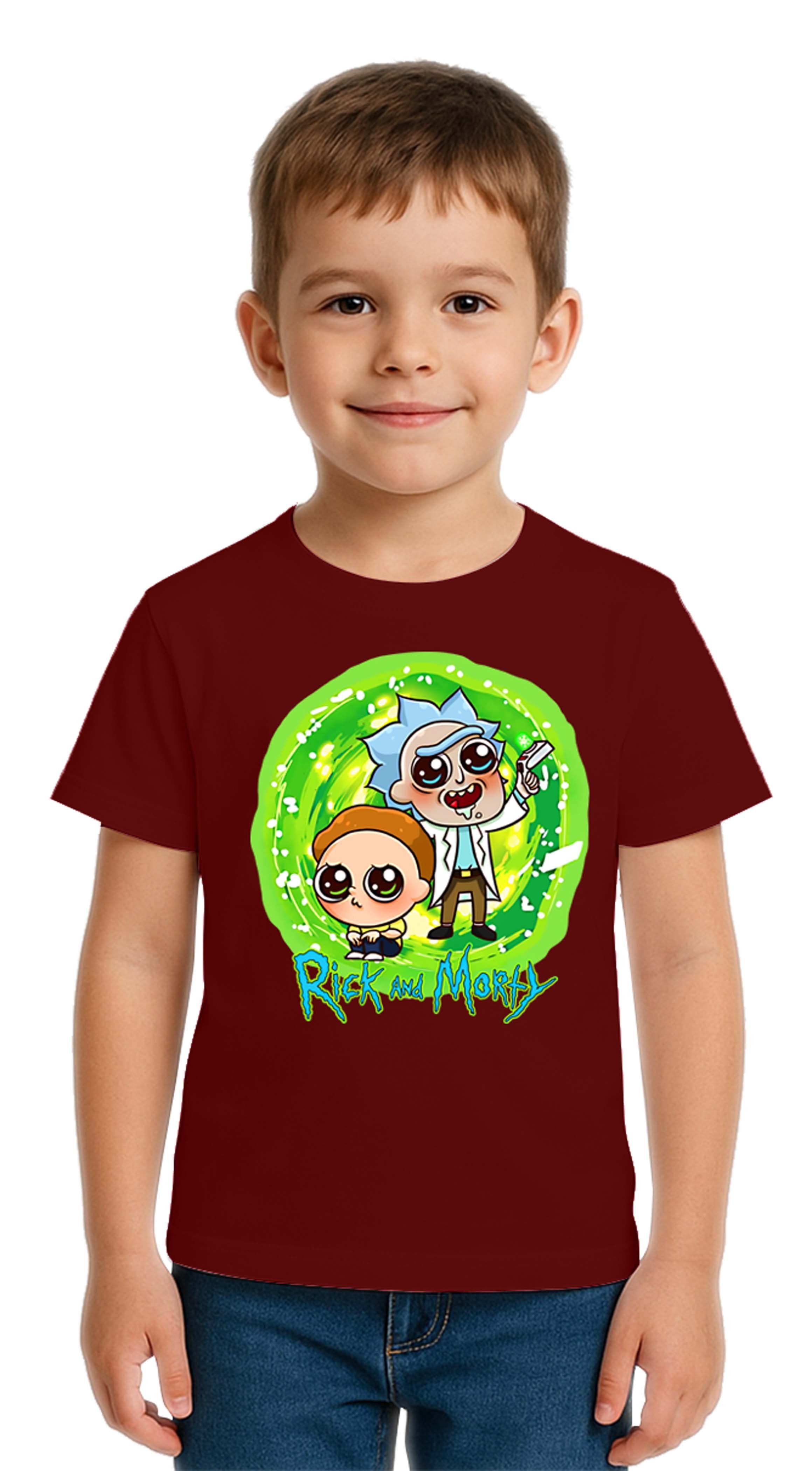 Unisex Rick and Morty baskılı Çocuk Tişört pamuklu penye kumaş