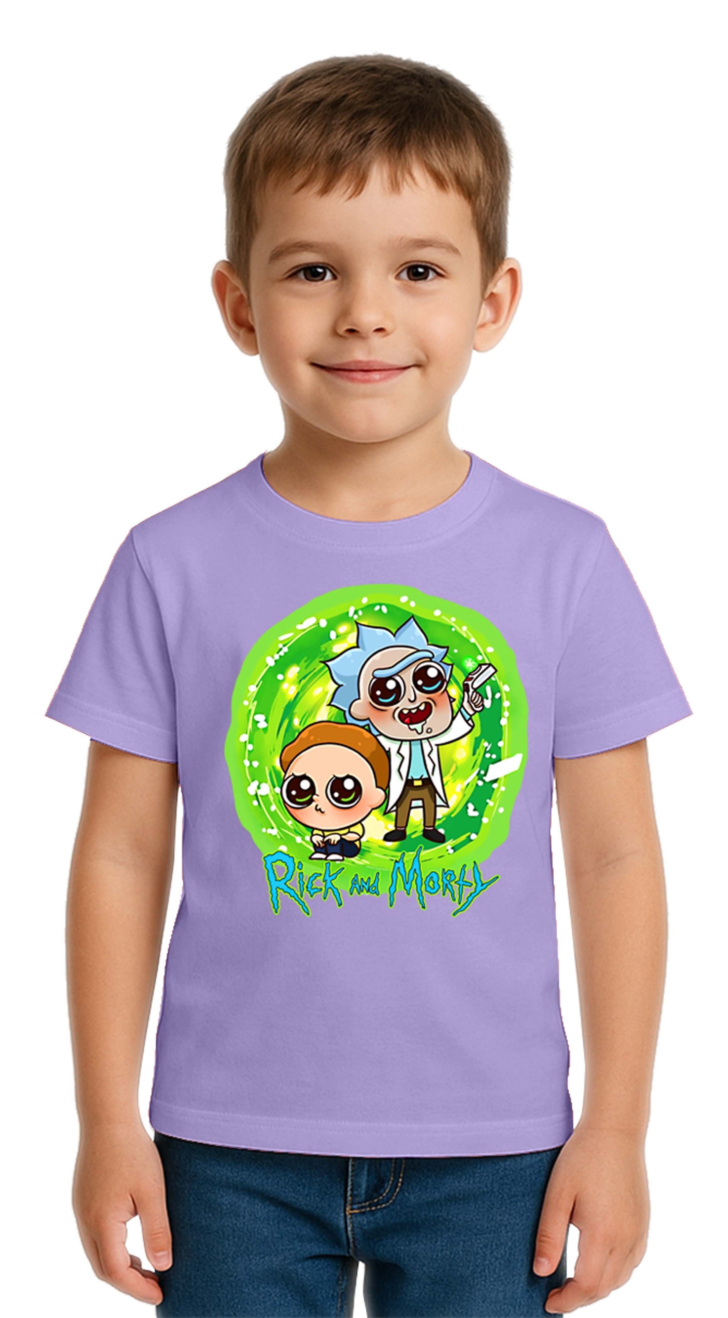 Unisex Rick and Morty baskılı Çocuk Tişört pamuklu penye kumaş