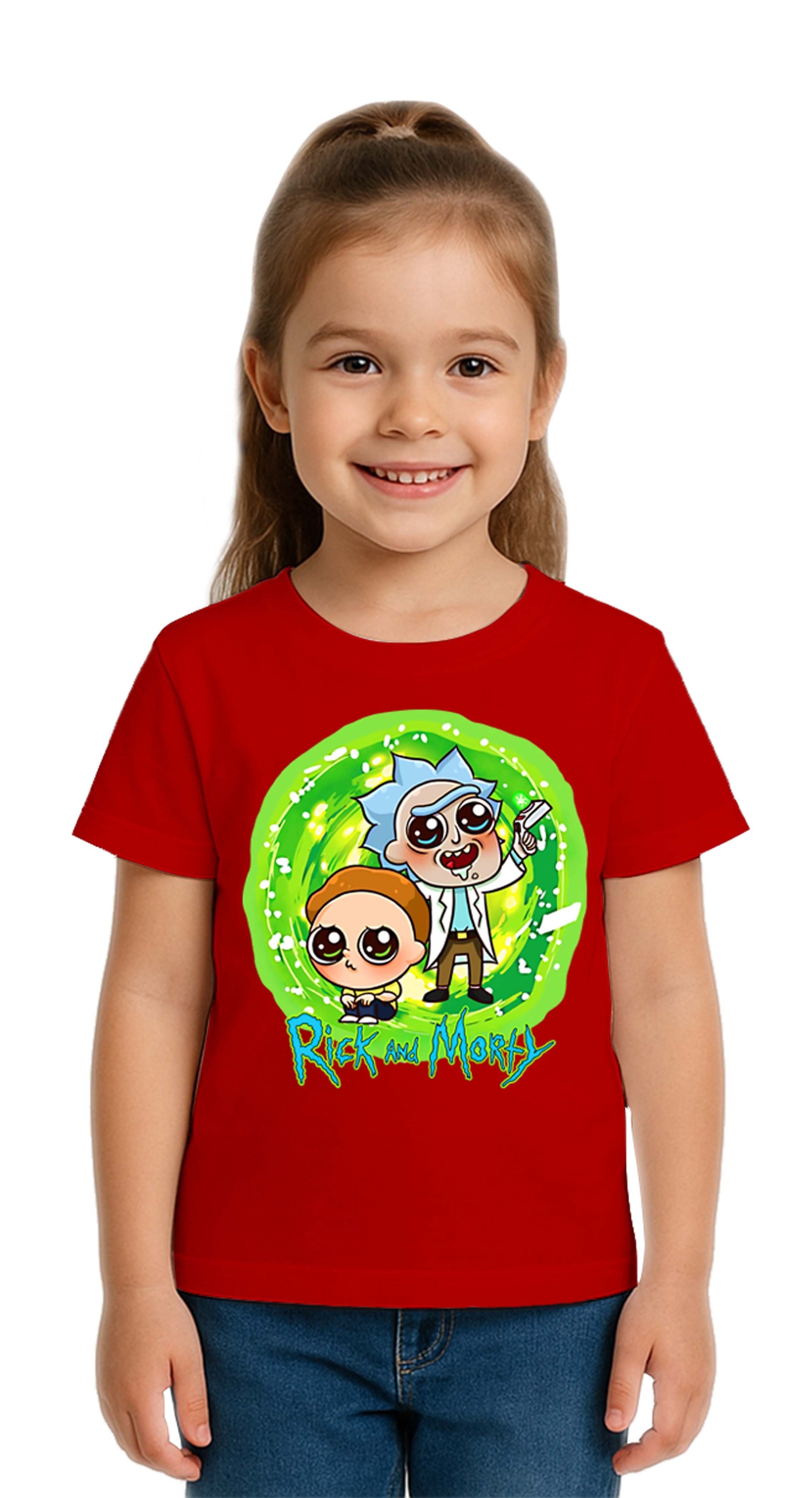Unisex Rick and Morty baskılı Çocuk Tişört pamuklu penye kumaş