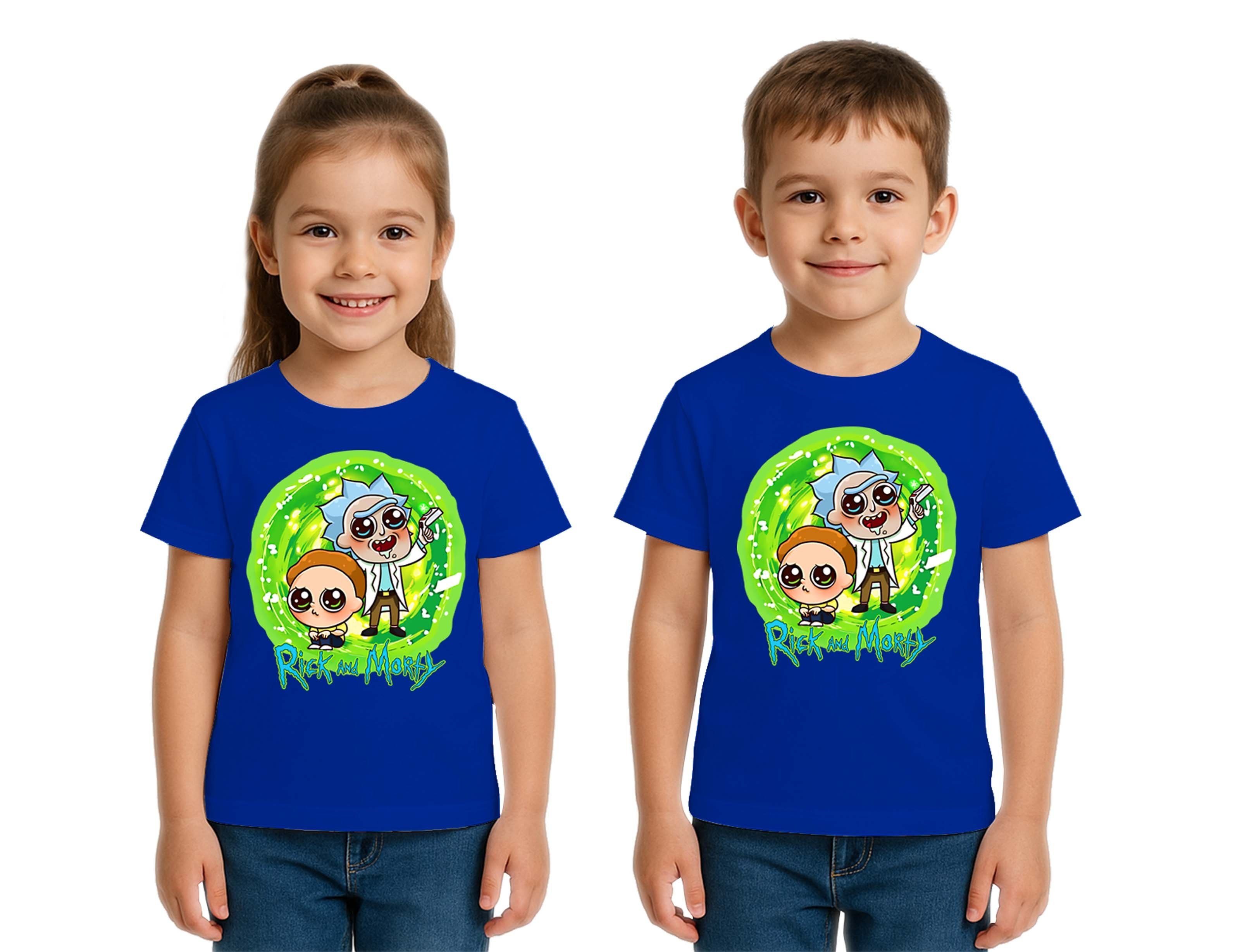 Unisex Rick and Morty baskılı Çocuk Tişört pamuklu penye kumaş