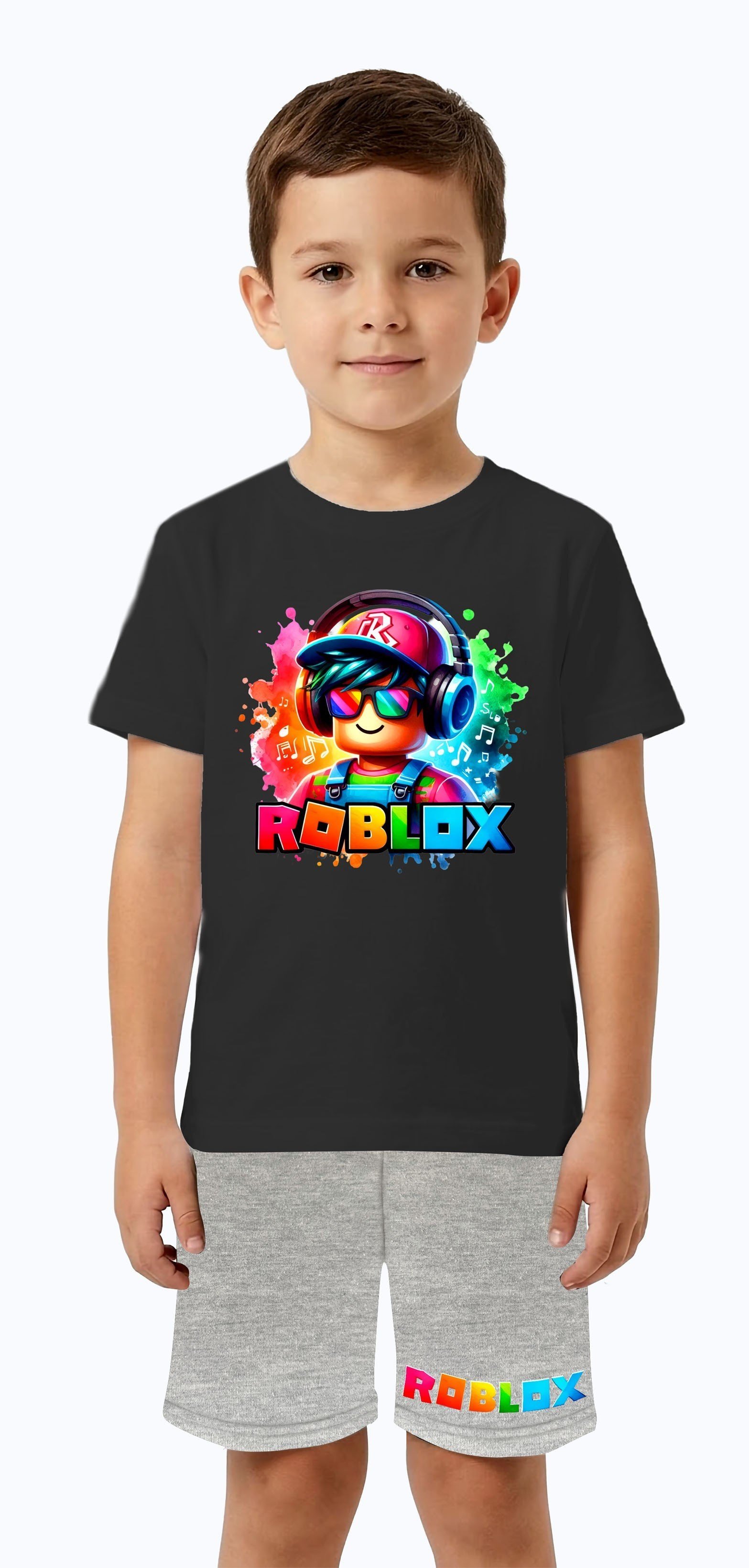 Unisex Roblox baskılı Çocuk Tişört gri Şortlu Takım pamuklu penye kumaş