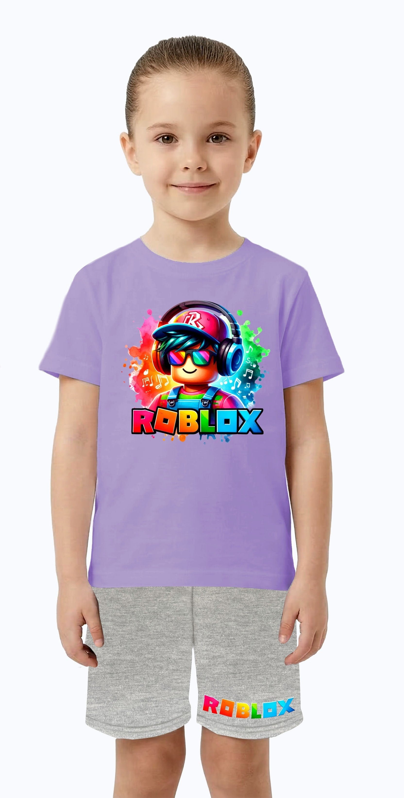 Unisex Roblox baskılı Çocuk Tişört gri Şortlu Takım pamuklu penye kumaş