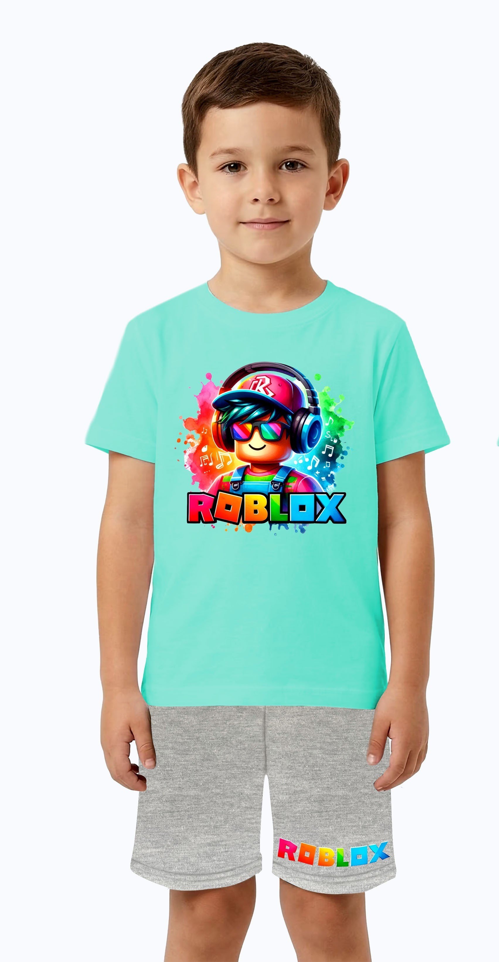 Unisex Roblox baskılı Çocuk Tişört gri Şortlu Takım pamuklu penye kumaş