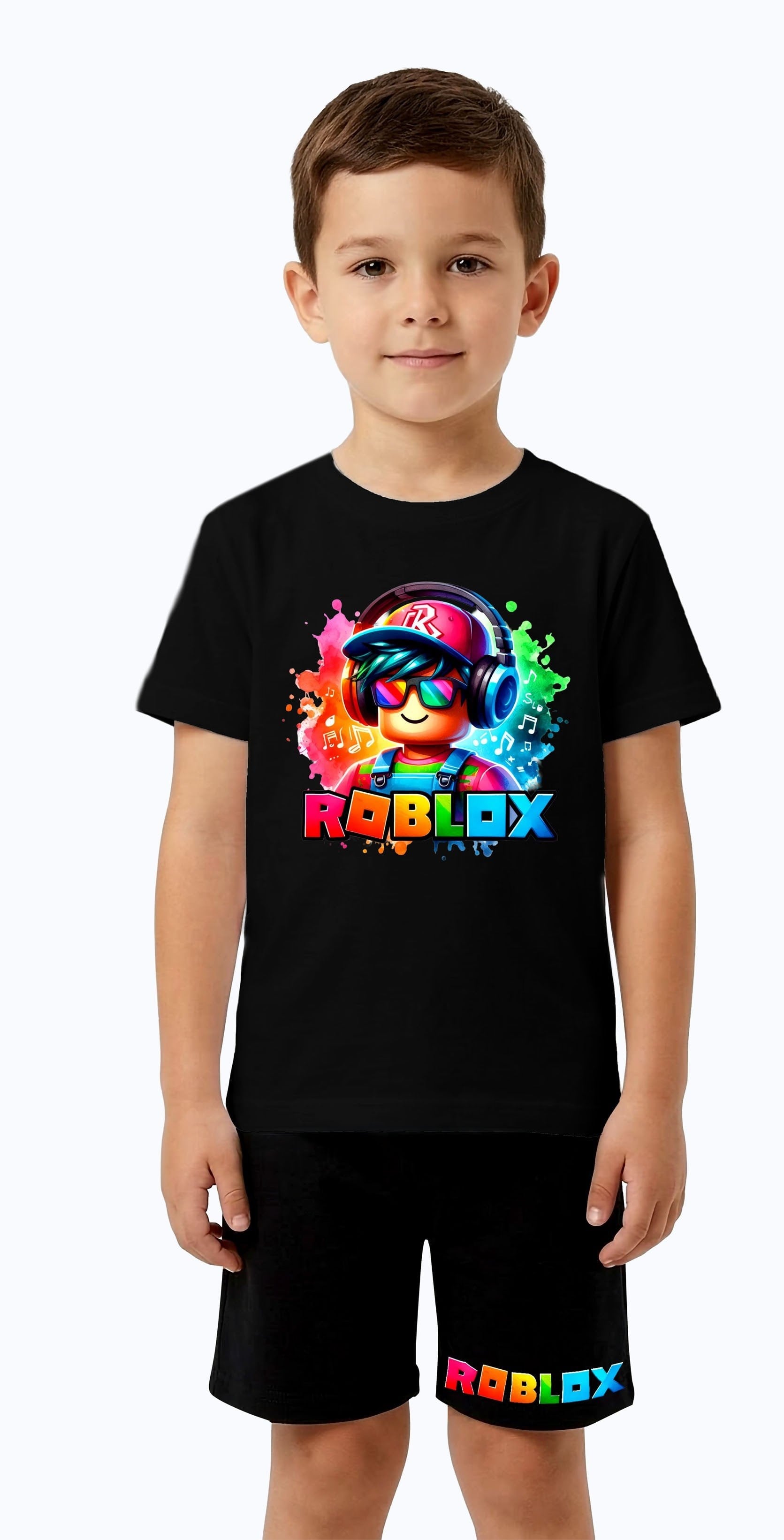 Unisex Roblox baskılı Çocuk Tişört Siyah Şortlu Takım pamuklu penye kumaş