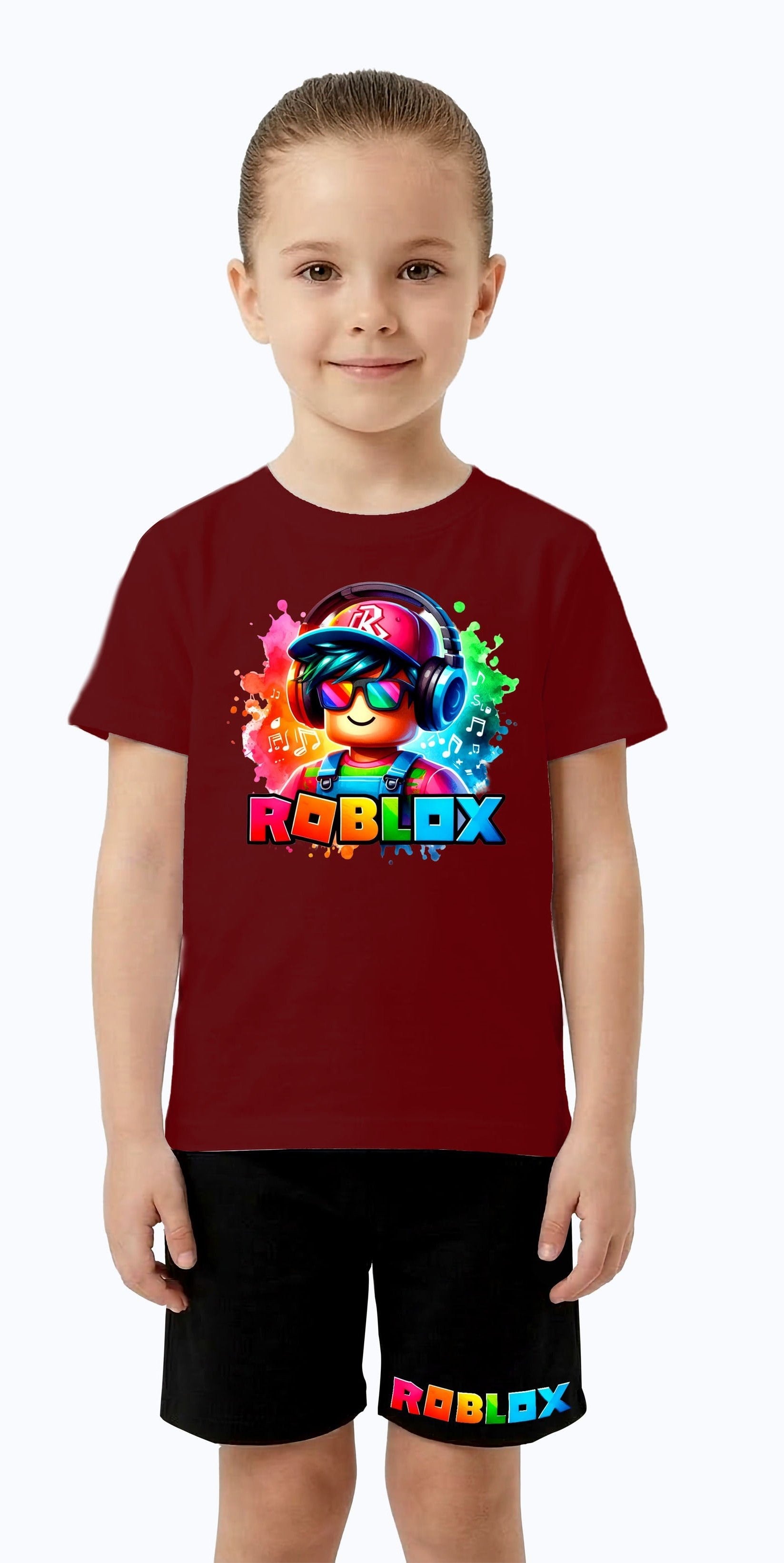Unisex Roblox baskılı Çocuk Tişört Siyah Şortlu Takım pamuklu penye kumaş