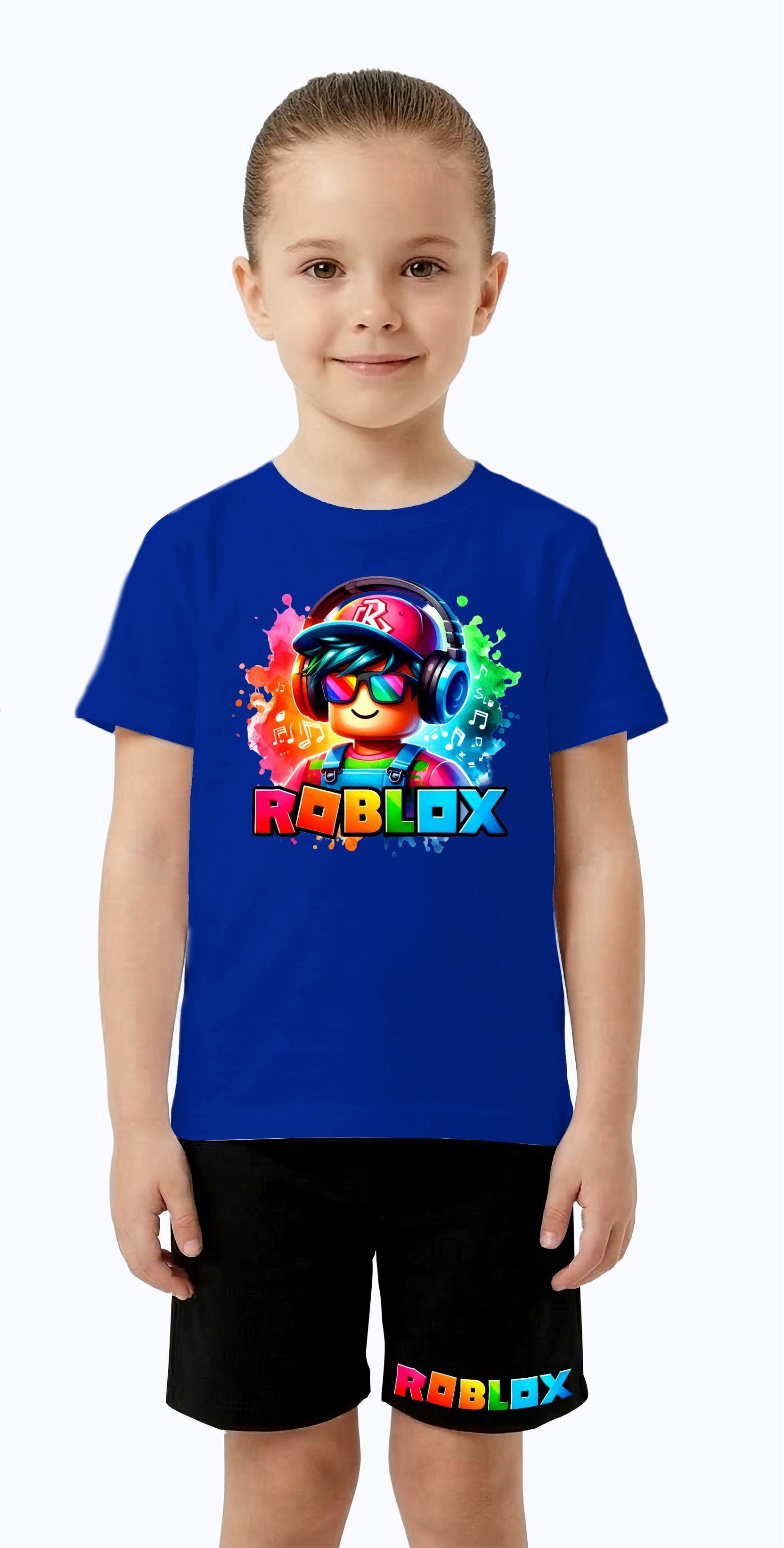 Unisex Roblox baskılı Çocuk Tişört Siyah Şortlu Takım pamuklu penye kumaş