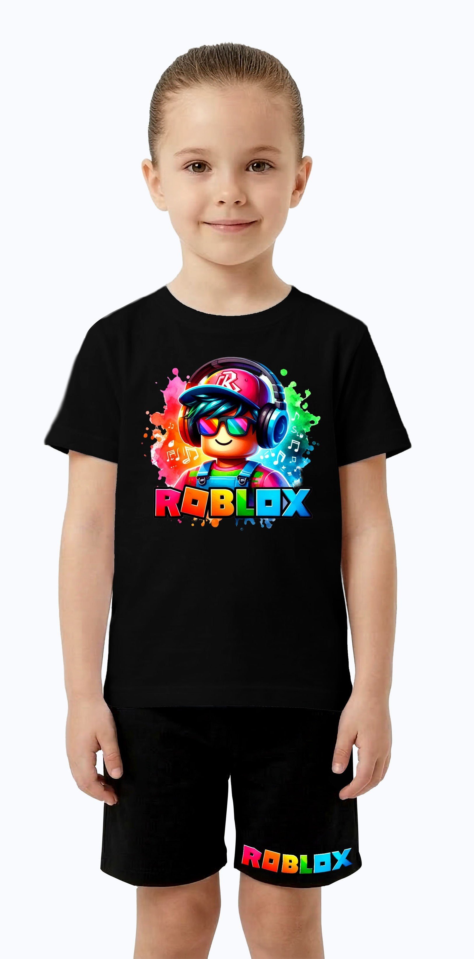 Unisex Roblox baskılı Çocuk Tişört Siyah Şortlu Takım pamuklu penye kumaş