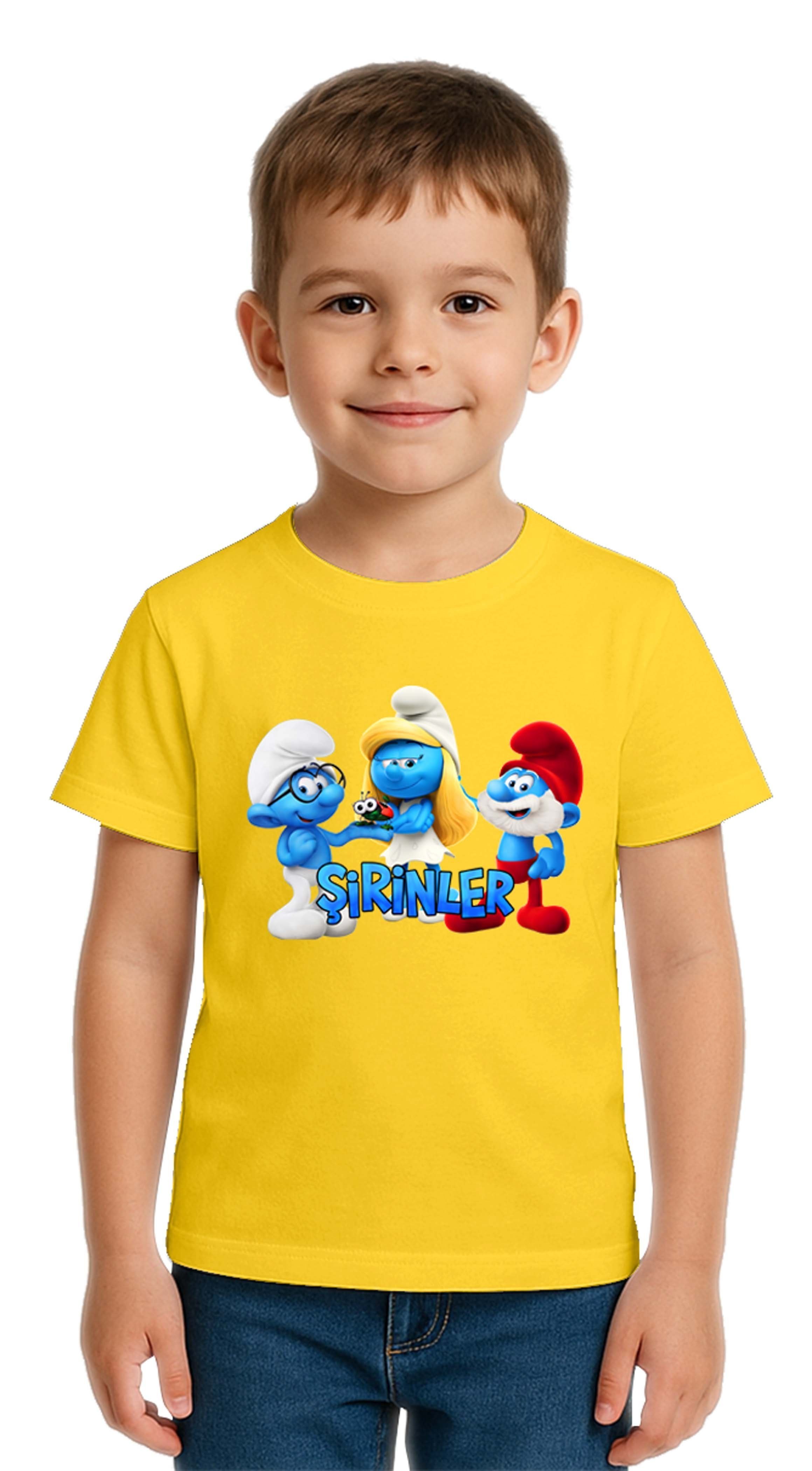 Unisex Şirinler baskılı Çocuk Tişört pamuklu penye kumaş
