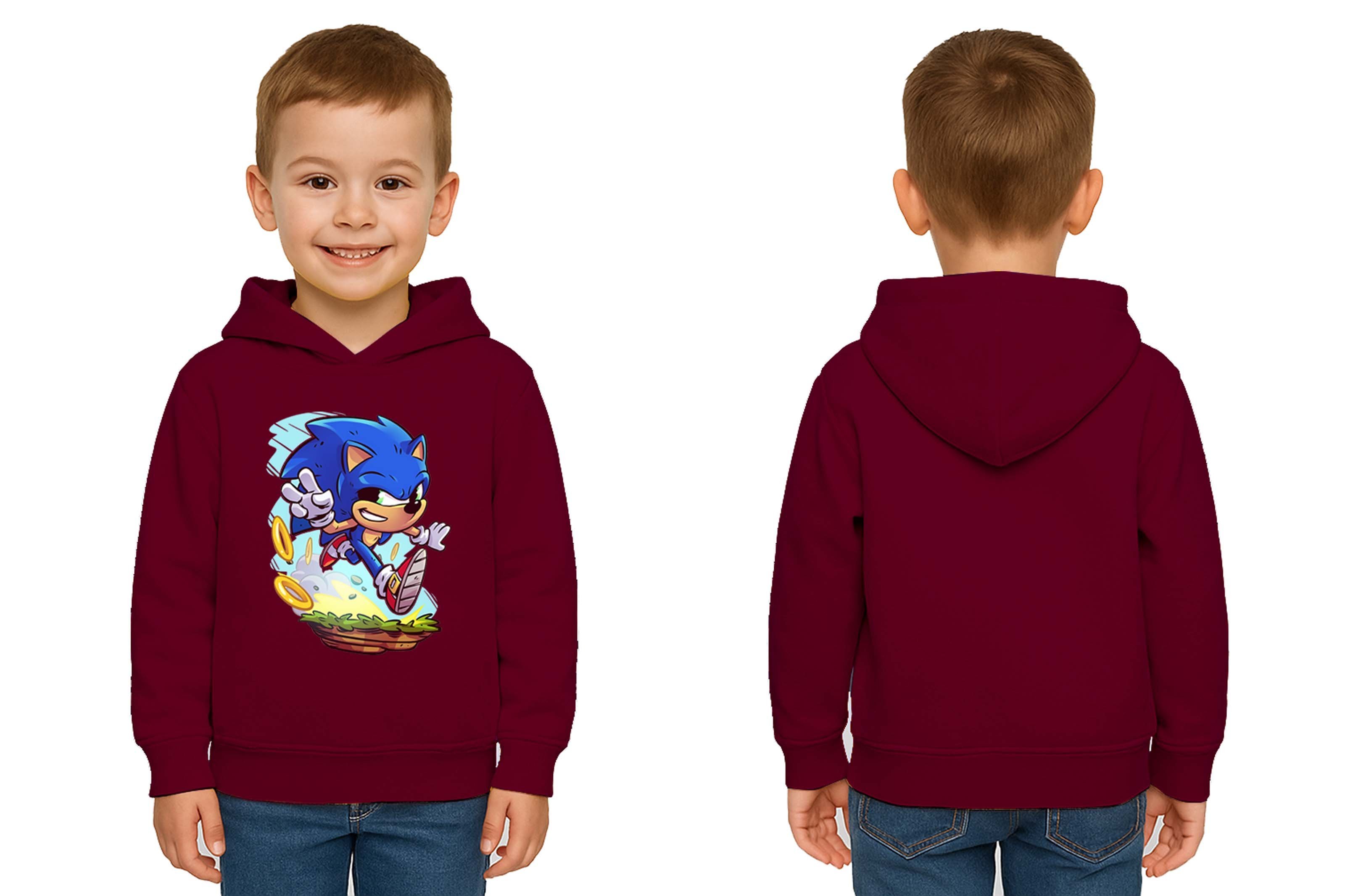 Unisex Sonic Baskılı Çocuk Swaetshirt Kapşonlu 3 İplik Şardonlu
