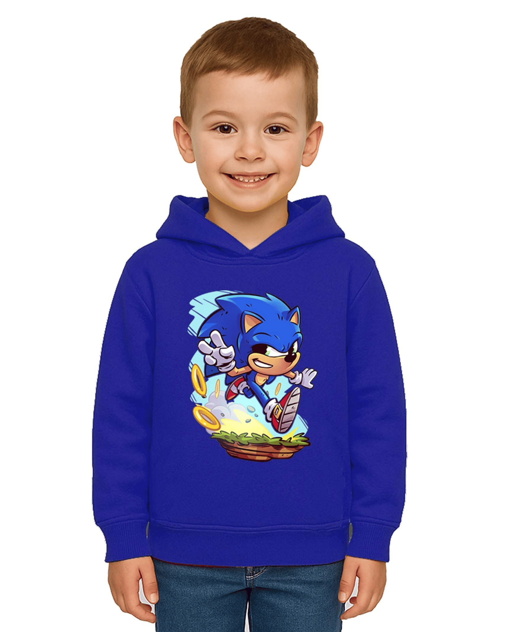 Unisex Sonic Baskılı Çocuk Swaetshirt Kapşonlu 3 İplik Şardonlu
