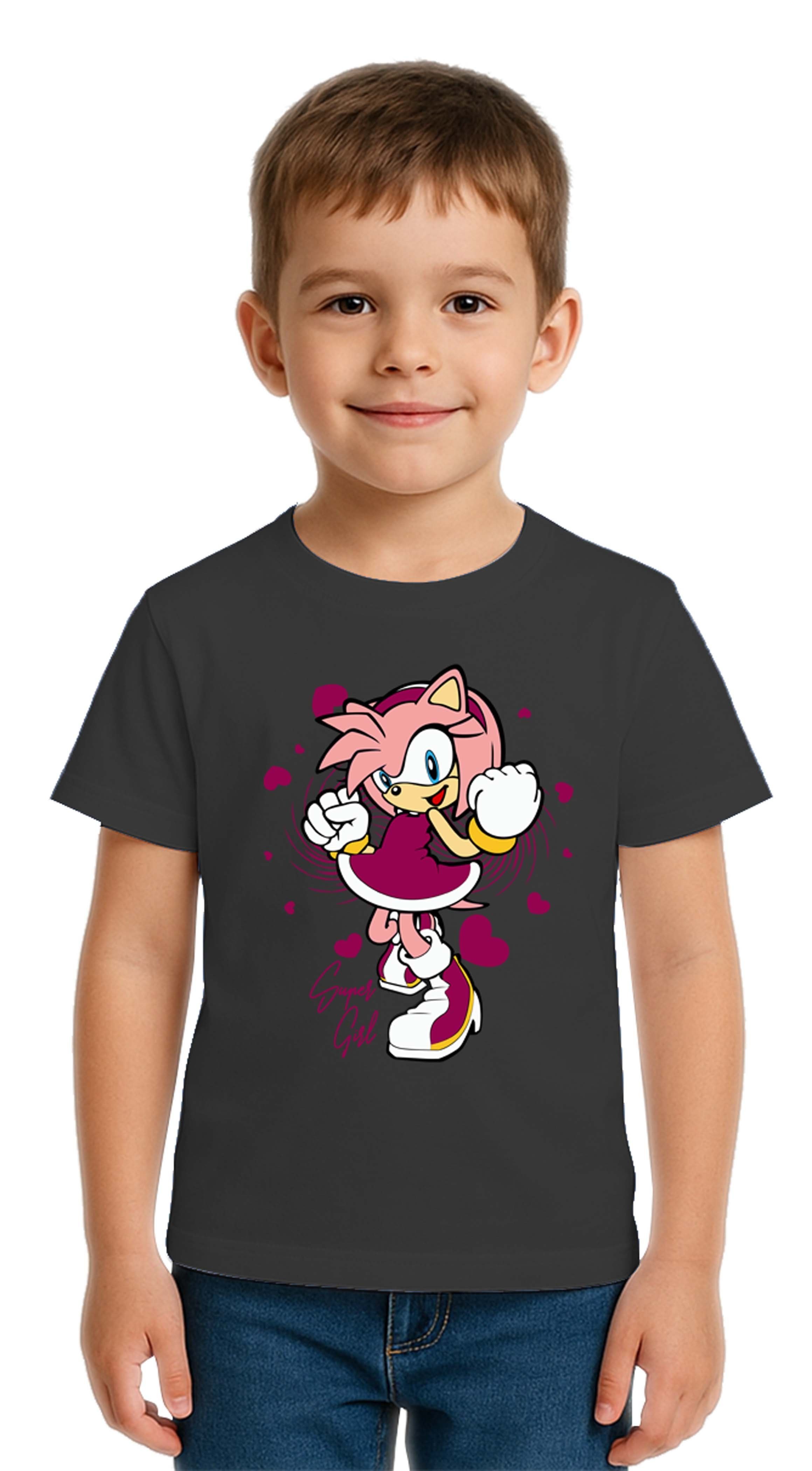 Unisex Sonic Super Girl Baskılı Çocuk Tişört pamuklu penye kumaş