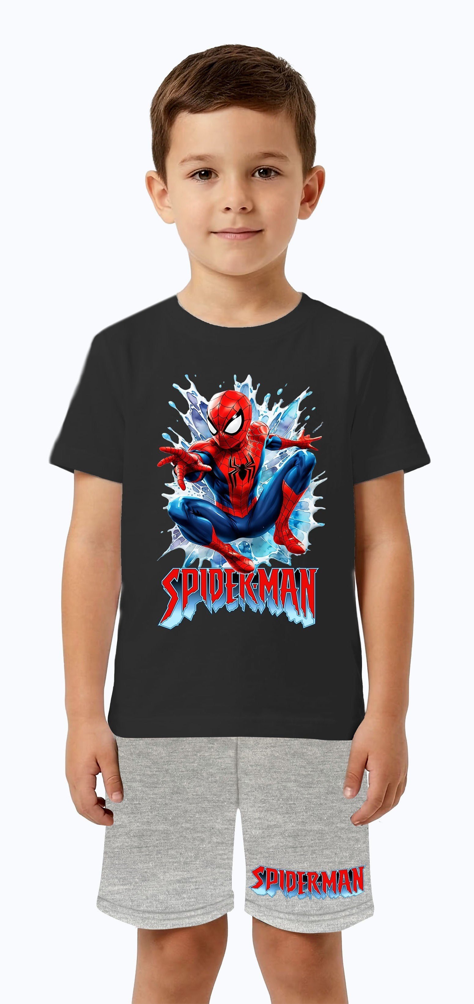 Unisex Spiderman baskılı Çocuk Tişört gri Şortlu Takım pamuklu penye kumaş