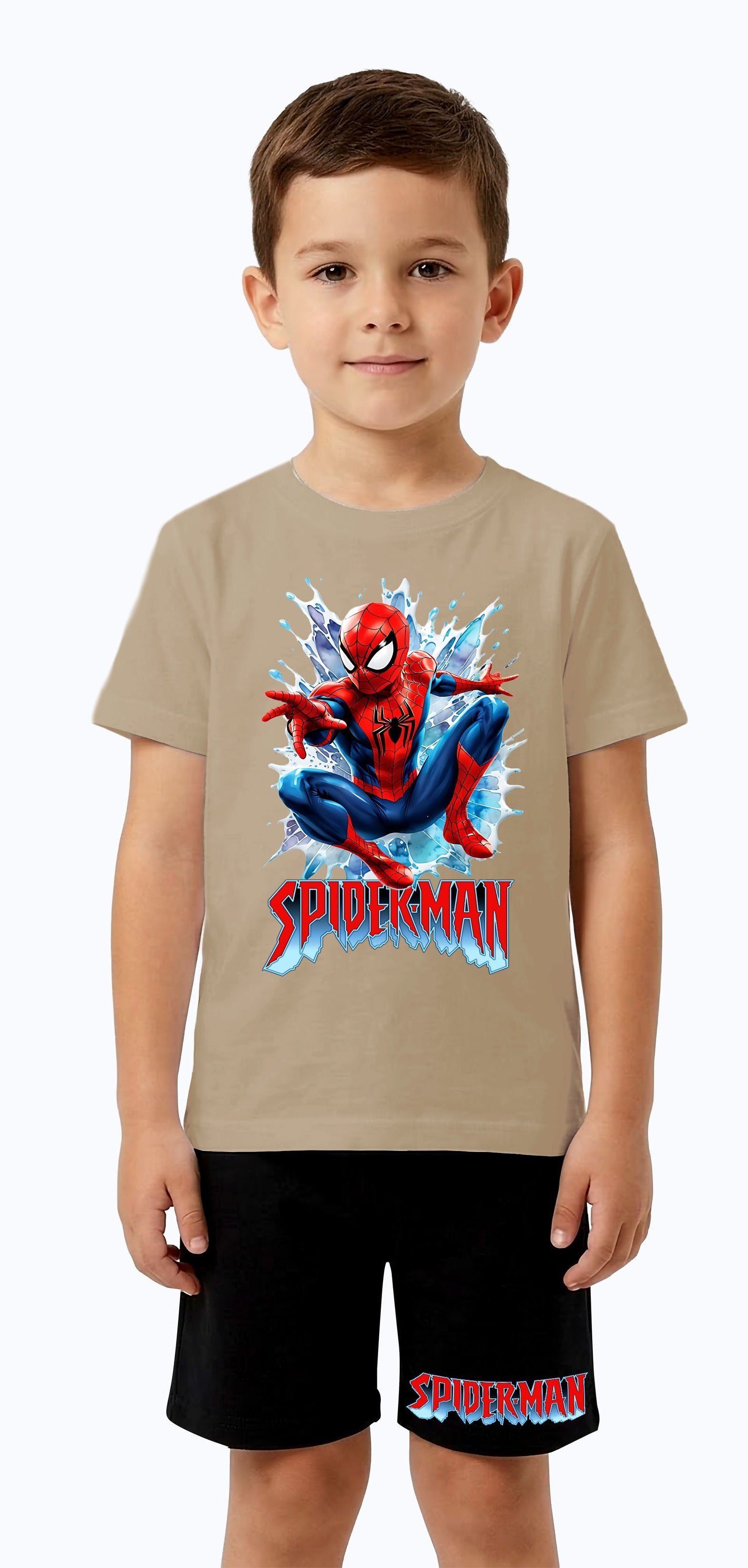Unisex Spiderman baskılı Çocuk Tişört siyah Şortlu Takım pamuklu penye kumaş