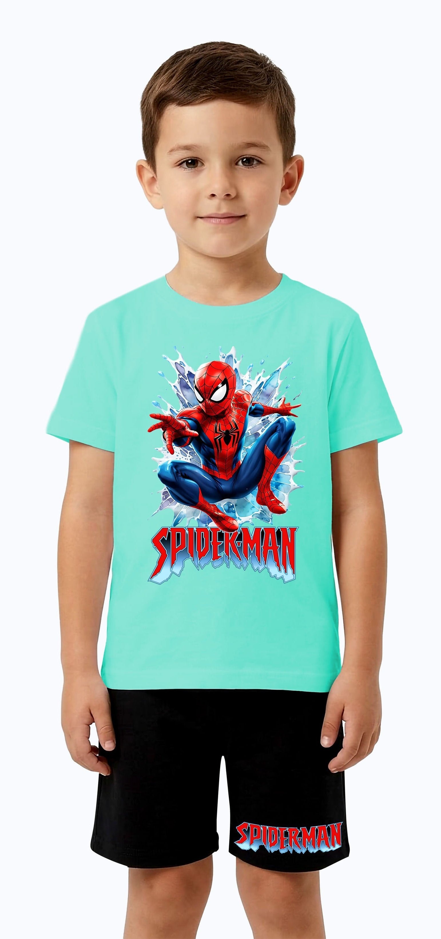 Unisex Spiderman baskılı Çocuk Tişört siyah Şortlu Takım pamuklu penye kumaş