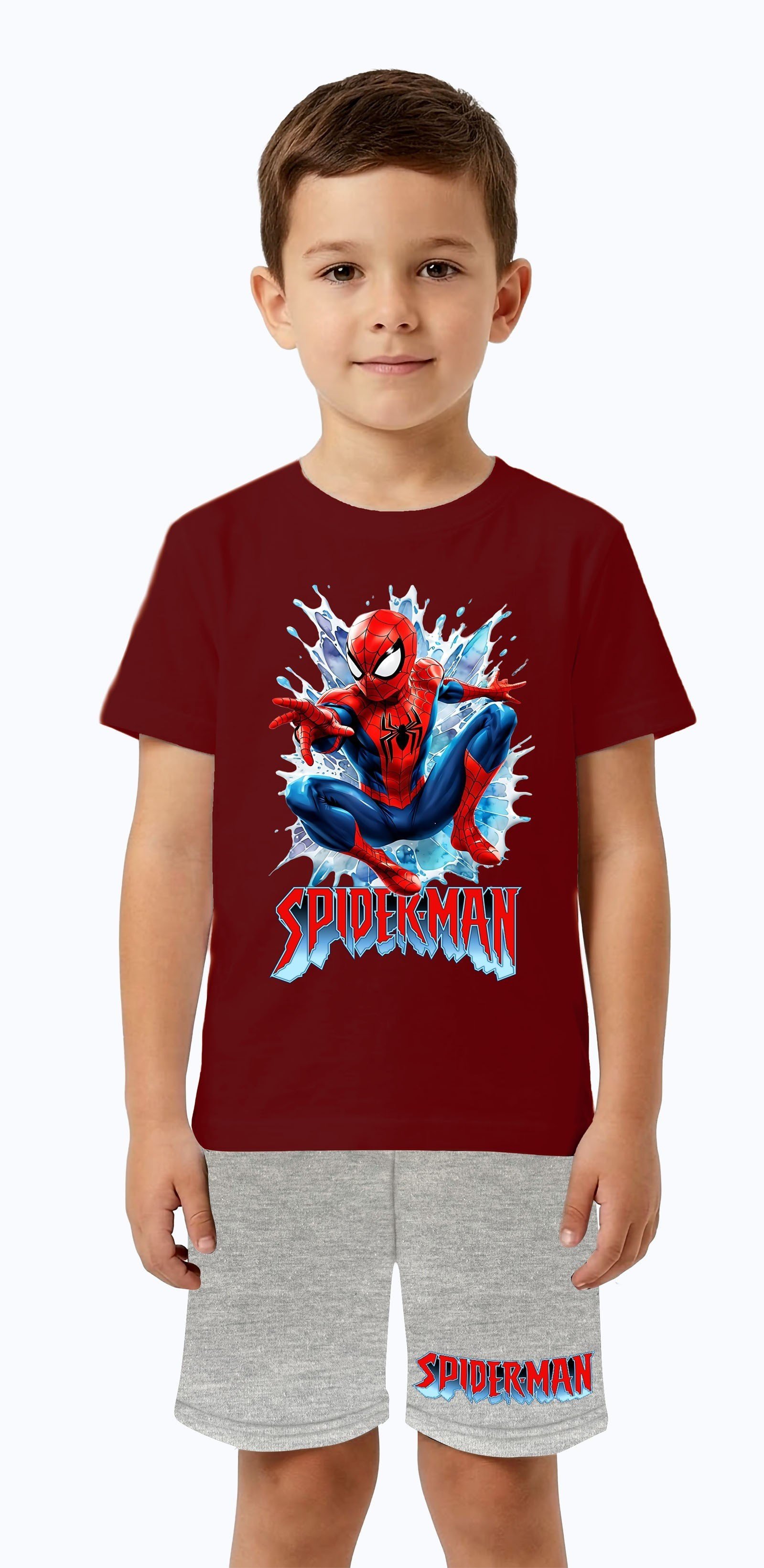Unisex Spiderman baskılı Çocuk Tişört gri Şortlu Takım pamuklu penye kumaş