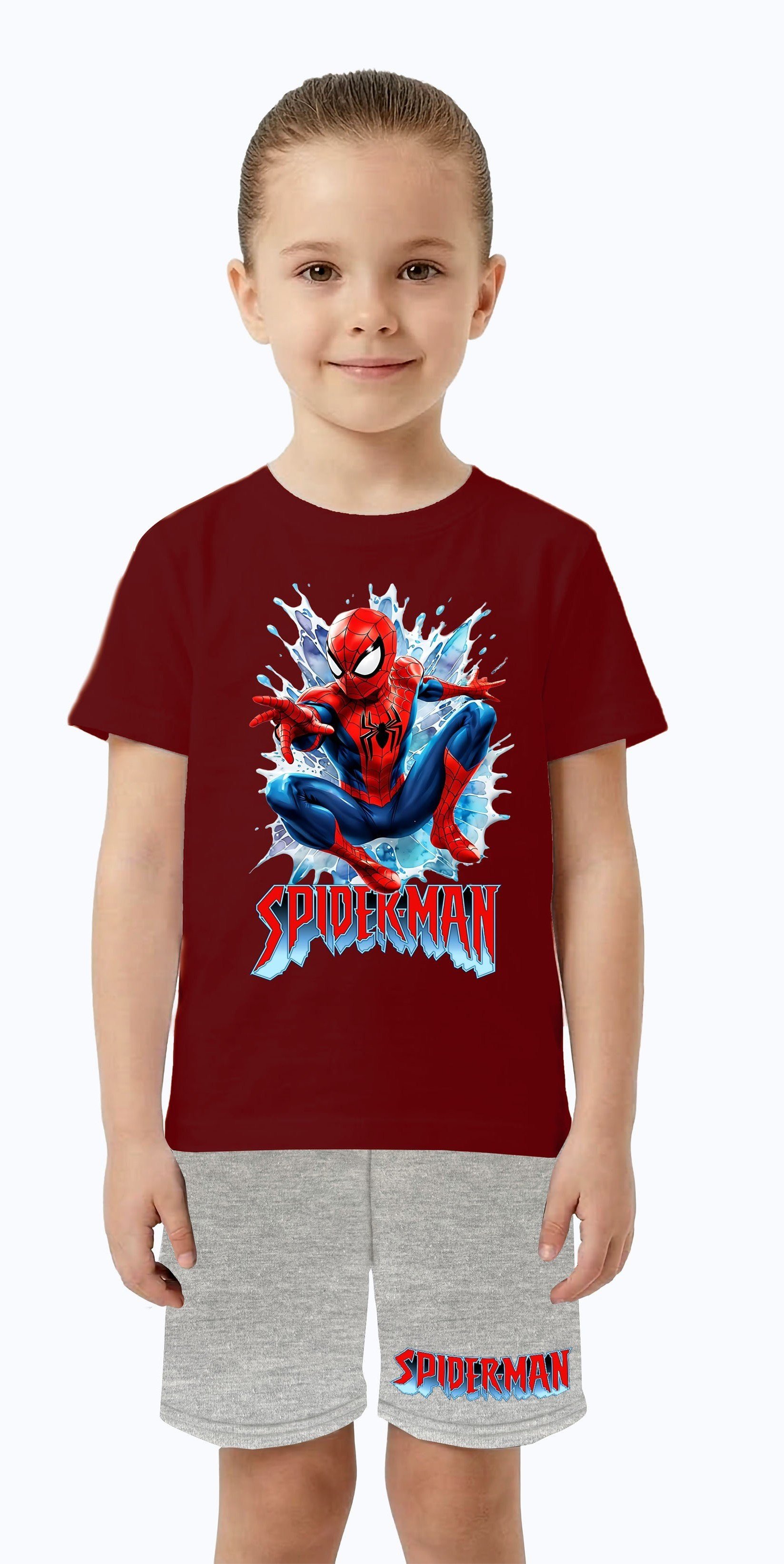 Unisex Spiderman baskılı Çocuk Tişört gri Şortlu Takım pamuklu penye kumaş