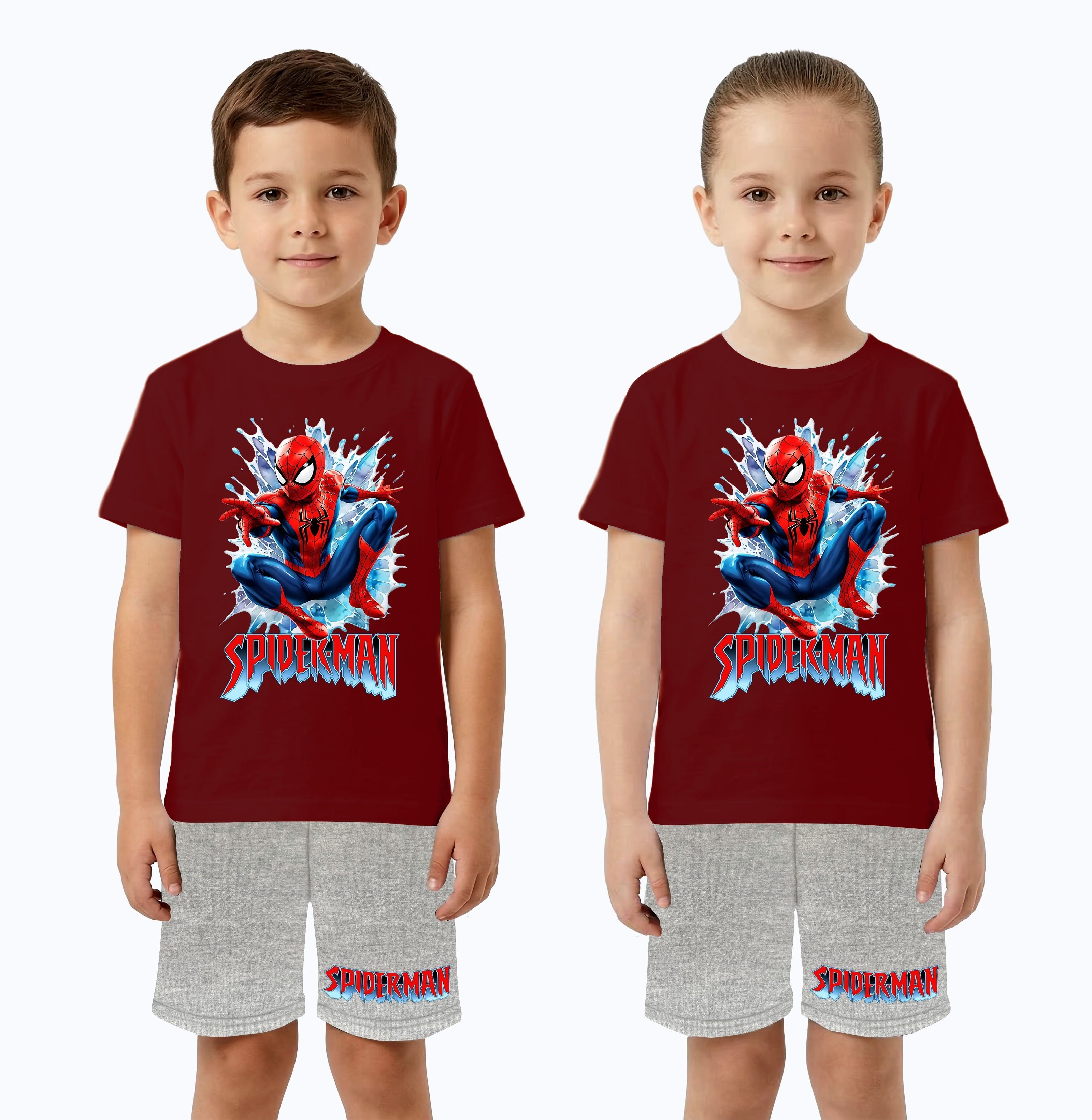 Unisex Spiderman baskılı Çocuk Tişört gri Şortlu Takım pamuklu penye kumaş