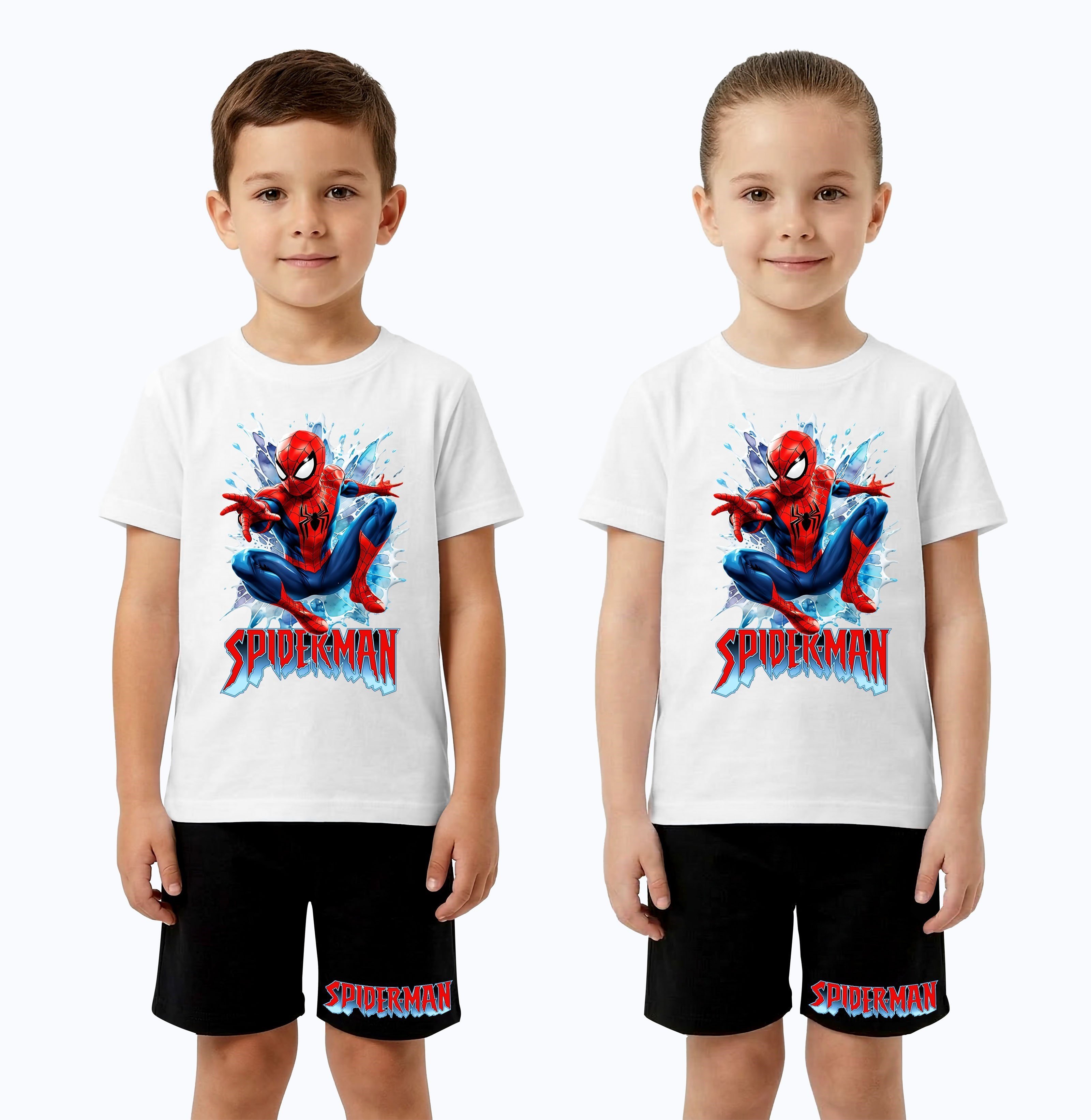 Unisex Spiderman baskılı Çocuk Tişört siyah Şortlu Takım pamuklu penye kumaş