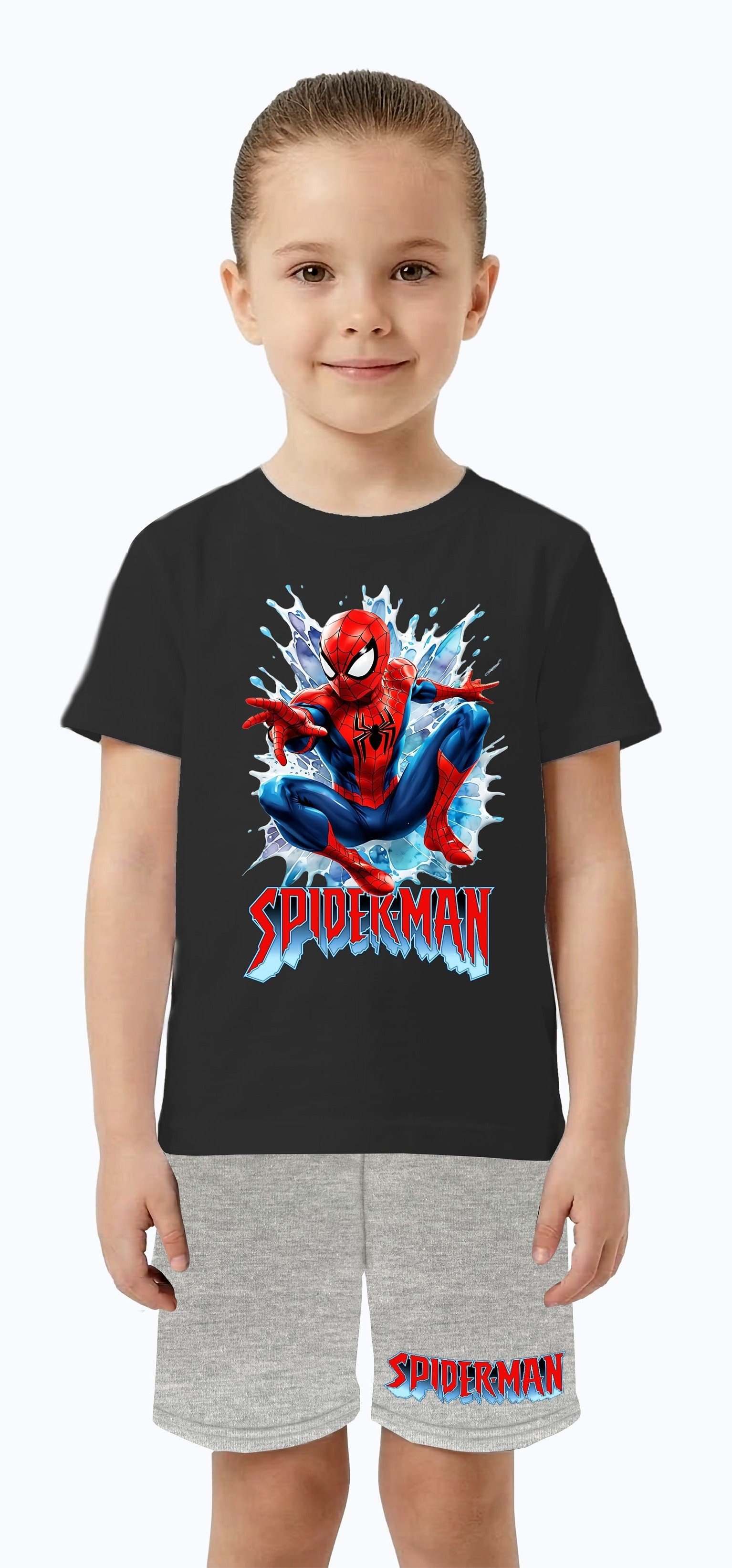 Unisex Spiderman baskılı Çocuk Tişört gri Şortlu Takım pamuklu penye kumaş