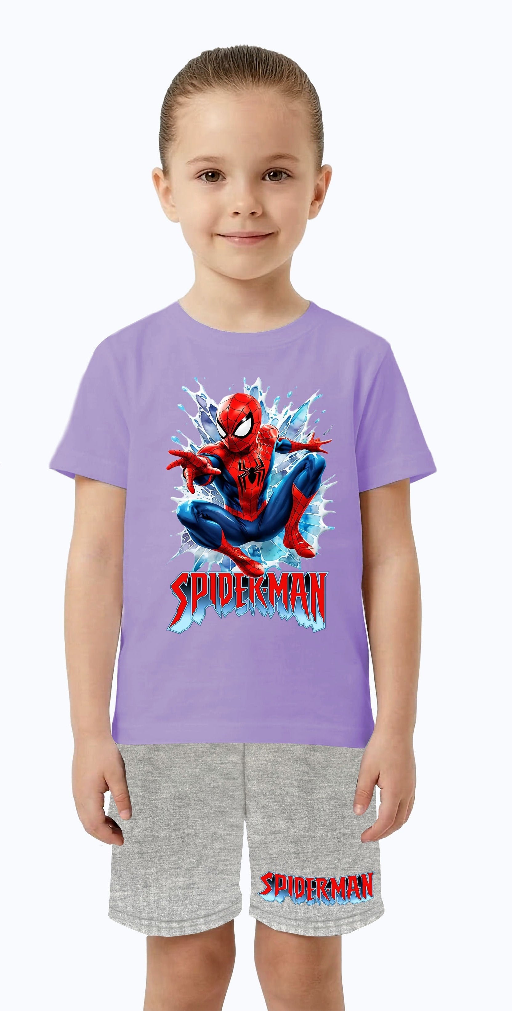 Unisex Spiderman baskılı Çocuk Tişört gri Şortlu Takım pamuklu penye kumaş