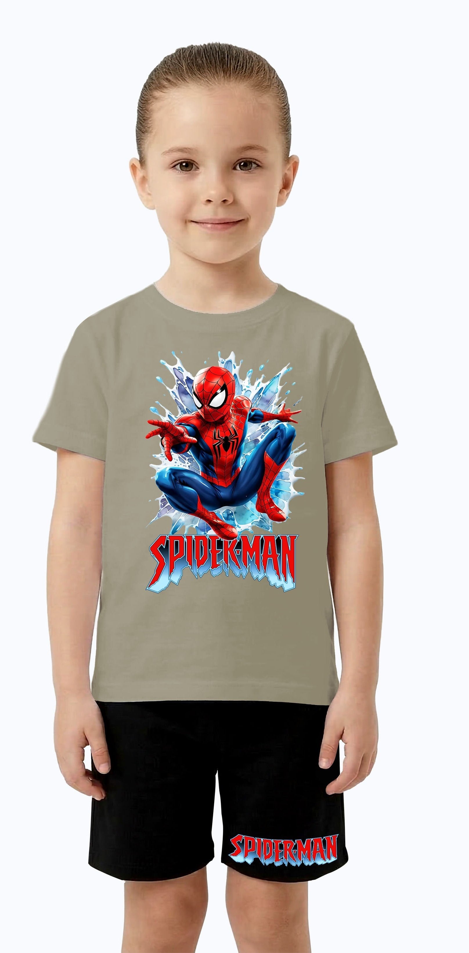 Unisex Spiderman baskılı Çocuk Tişört siyah Şortlu Takım pamuklu penye kumaş