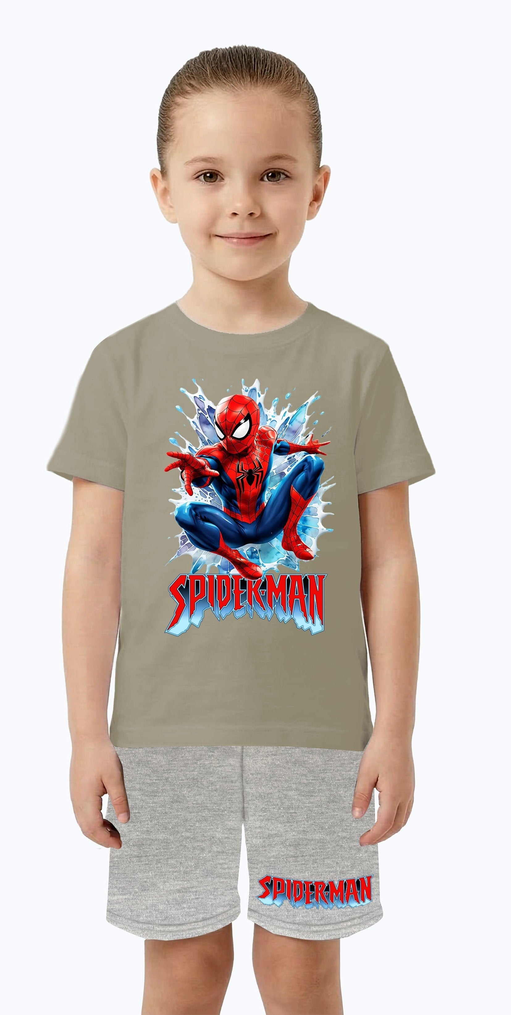 Unisex Spiderman baskılı Çocuk Tişört gri Şortlu Takım pamuklu penye kumaş