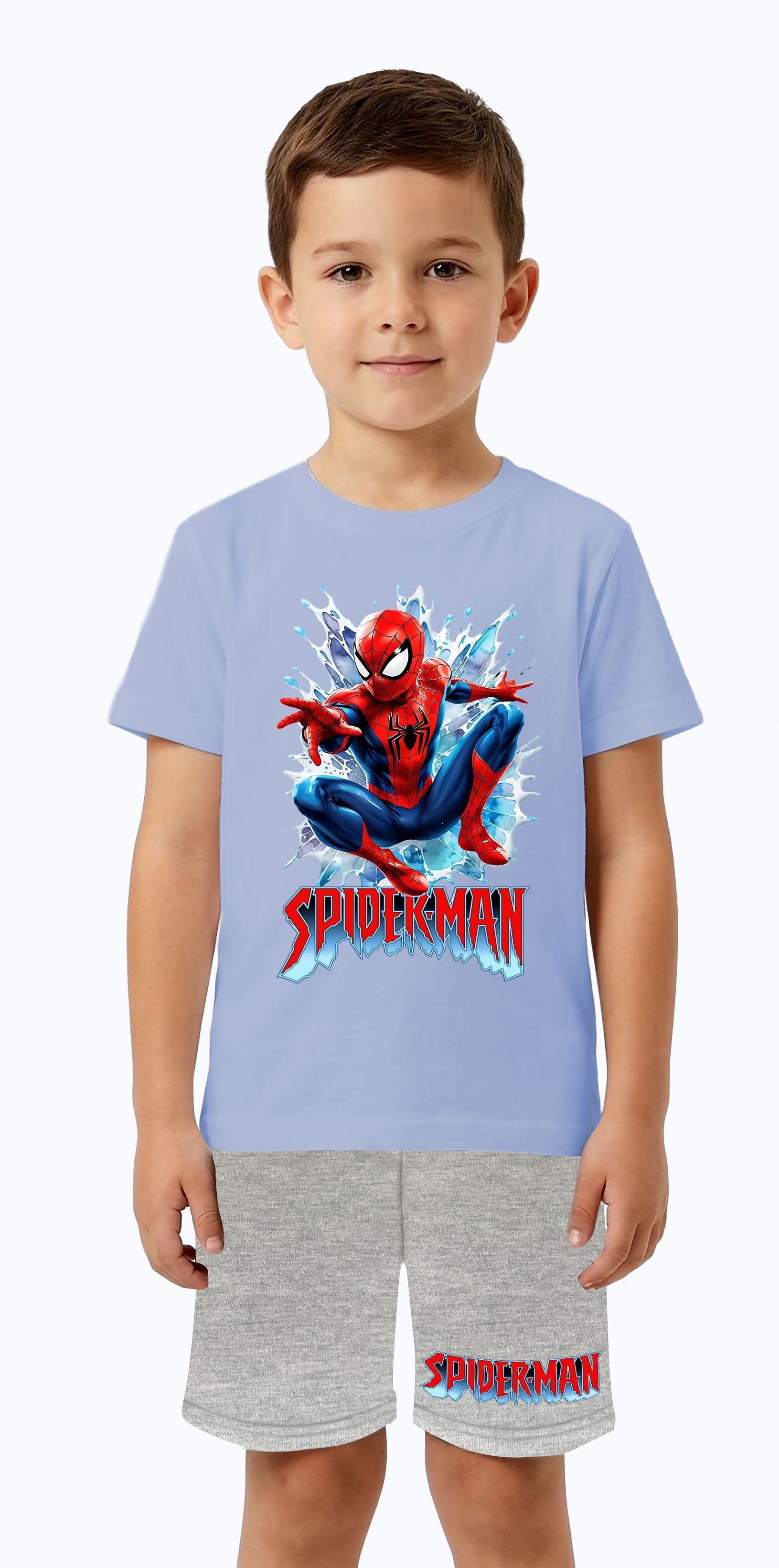 Unisex Spiderman baskılı Çocuk Tişört gri Şortlu Takım pamuklu penye kumaş
