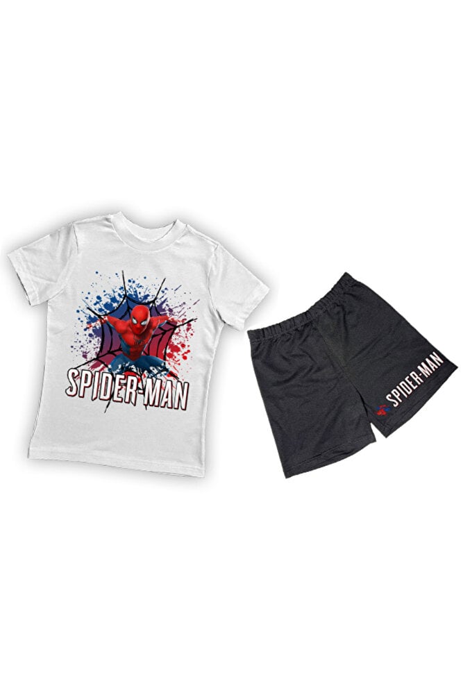 unisex Spiderman baskılı pamuklu kumaş kısa kollu şortlu ikili çocuk takımı