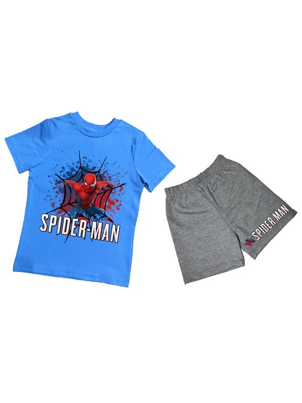 unisex Spiderman baskılı pamuklu kumaş kısa kollu şortlu ikili çocuk takımı