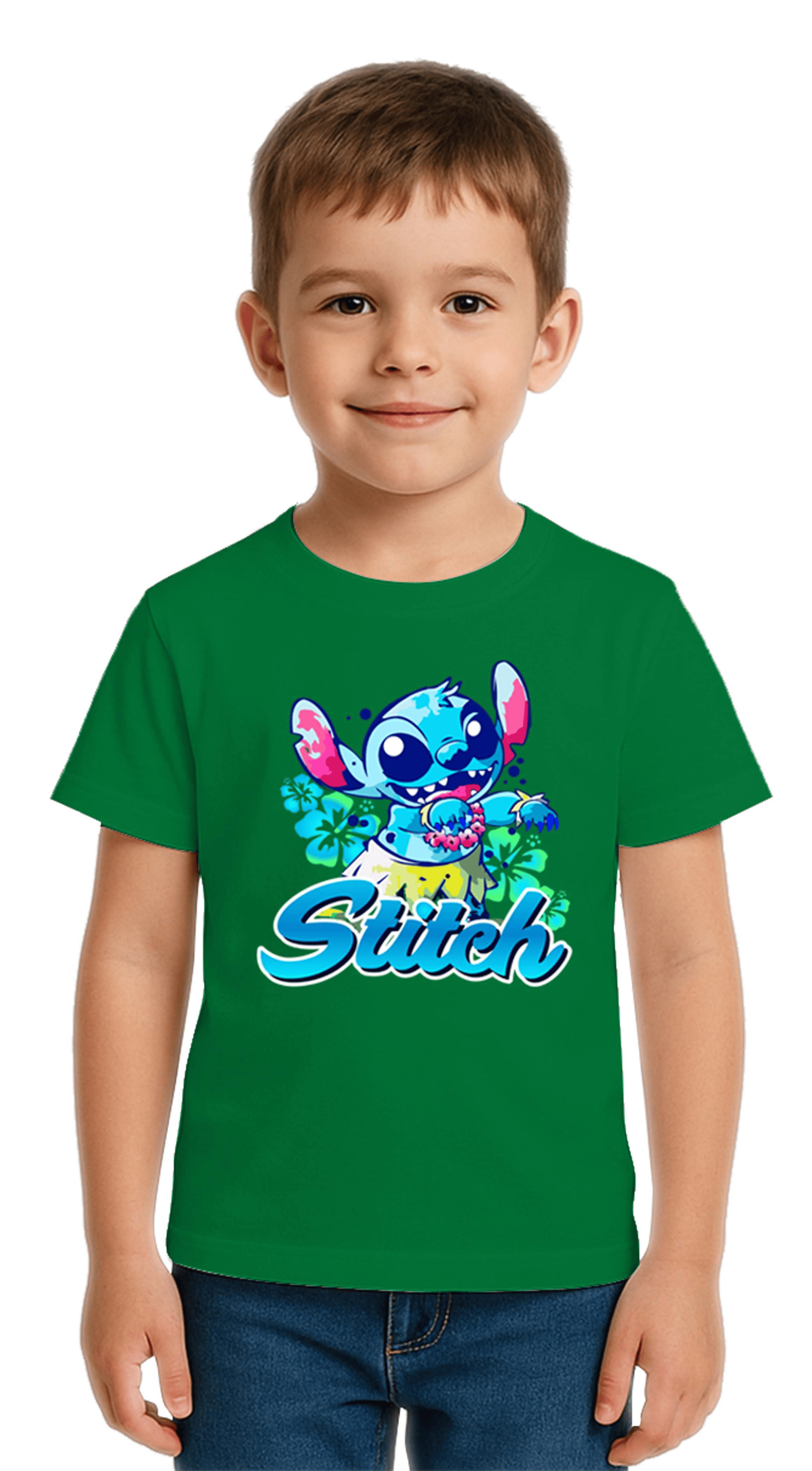 Unisex Stich Baskılı Çocuk Tişört pamuklu penye kumaş